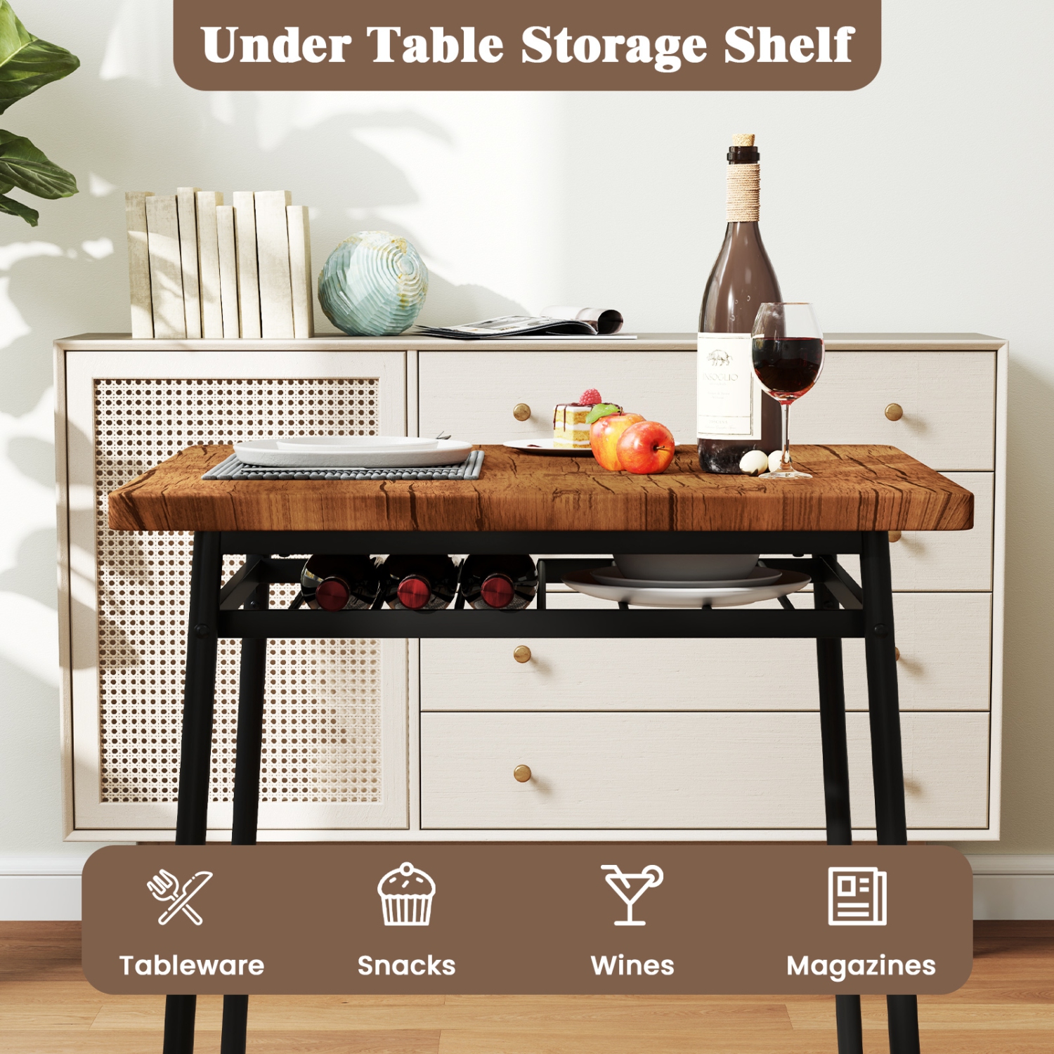 Gymax 3-Piece Wood Square Kitchen Table & Chair Set w/ Metal Frame Storage Rack