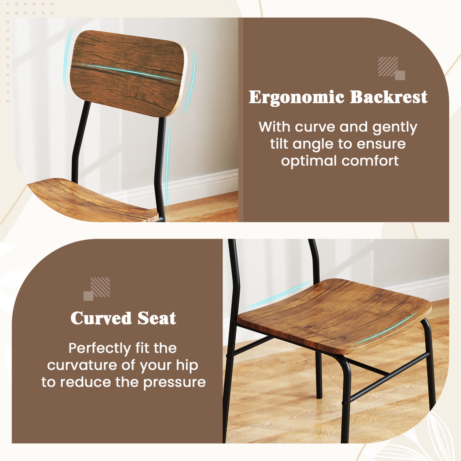 Gymax 3-Piece Wood Square Kitchen Table & Chair Set w/ Metal Frame Storage Rack