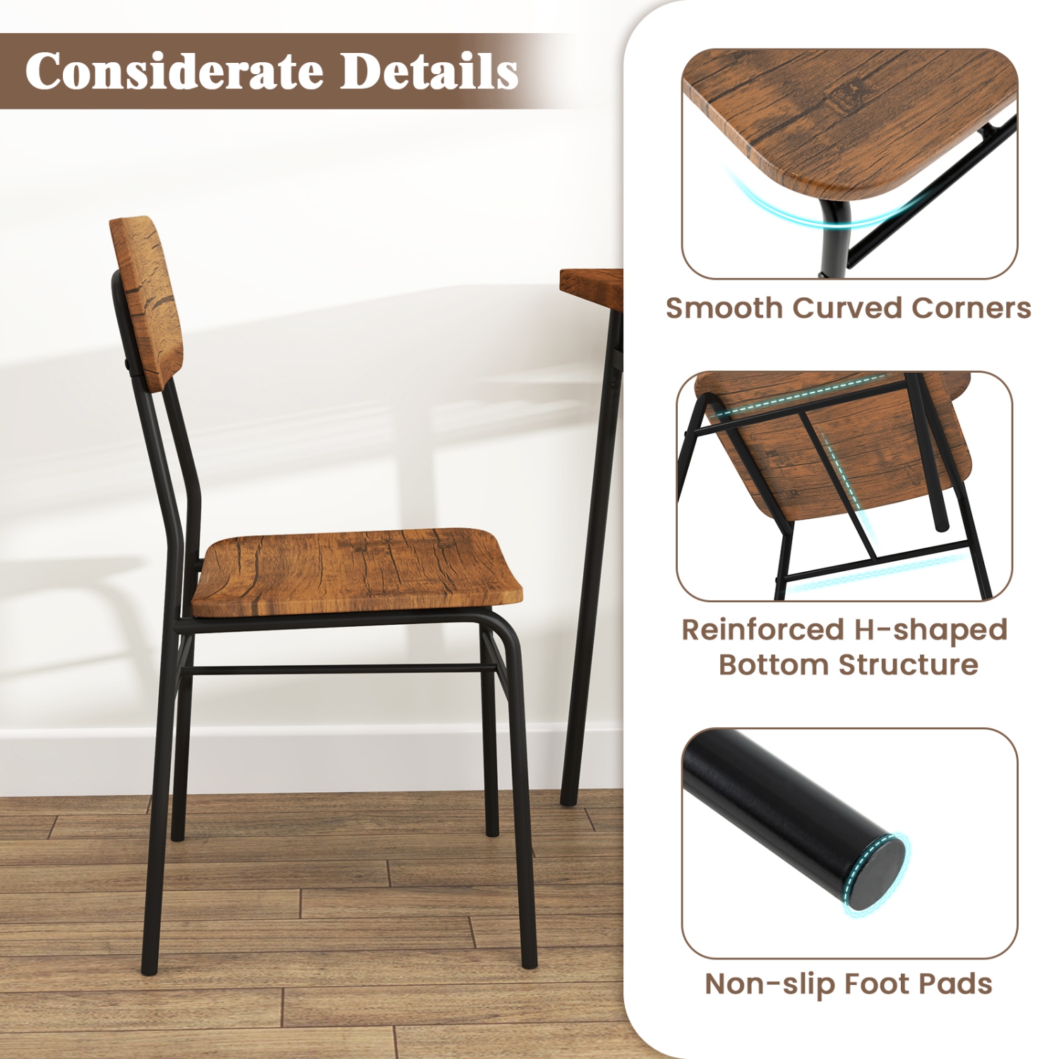 Gymax 3-Piece Wood Square Kitchen Table & Chair Set w/ Metal Frame Storage Rack