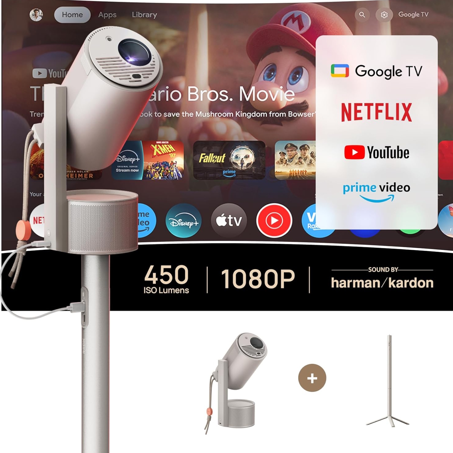 Open Box - XGIMI MoGo 3 Pro Home Projector + PowerBase Stand Bundle, Home Theatre Projector, Portable for Outdoor Movies, 4k Support,