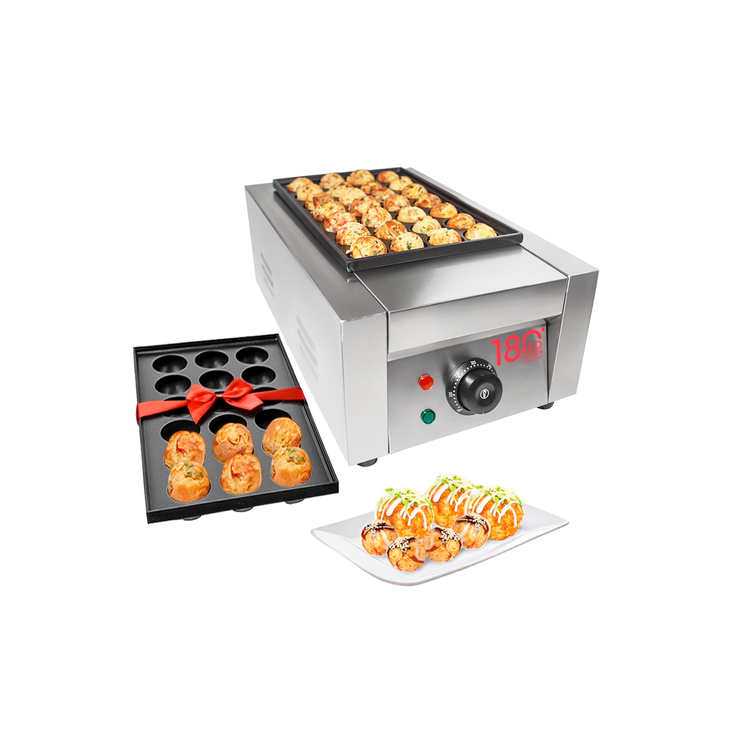 Gril Takoyaki A-T606 | Machine électrique à takoyaki | 28 pièces | Moules antiadhésifs | Acier inoxydable | 110&nbsp;V