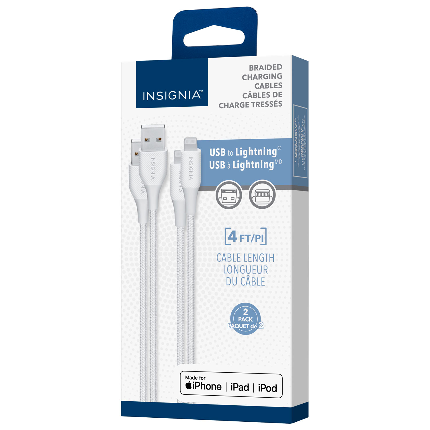 Câble tissé USB-A à Lightning de 1,2 m d'Insignia (NS-MCA4AL2-C) - Paquet de 2 - Blanc - Exclusivité Best Buy