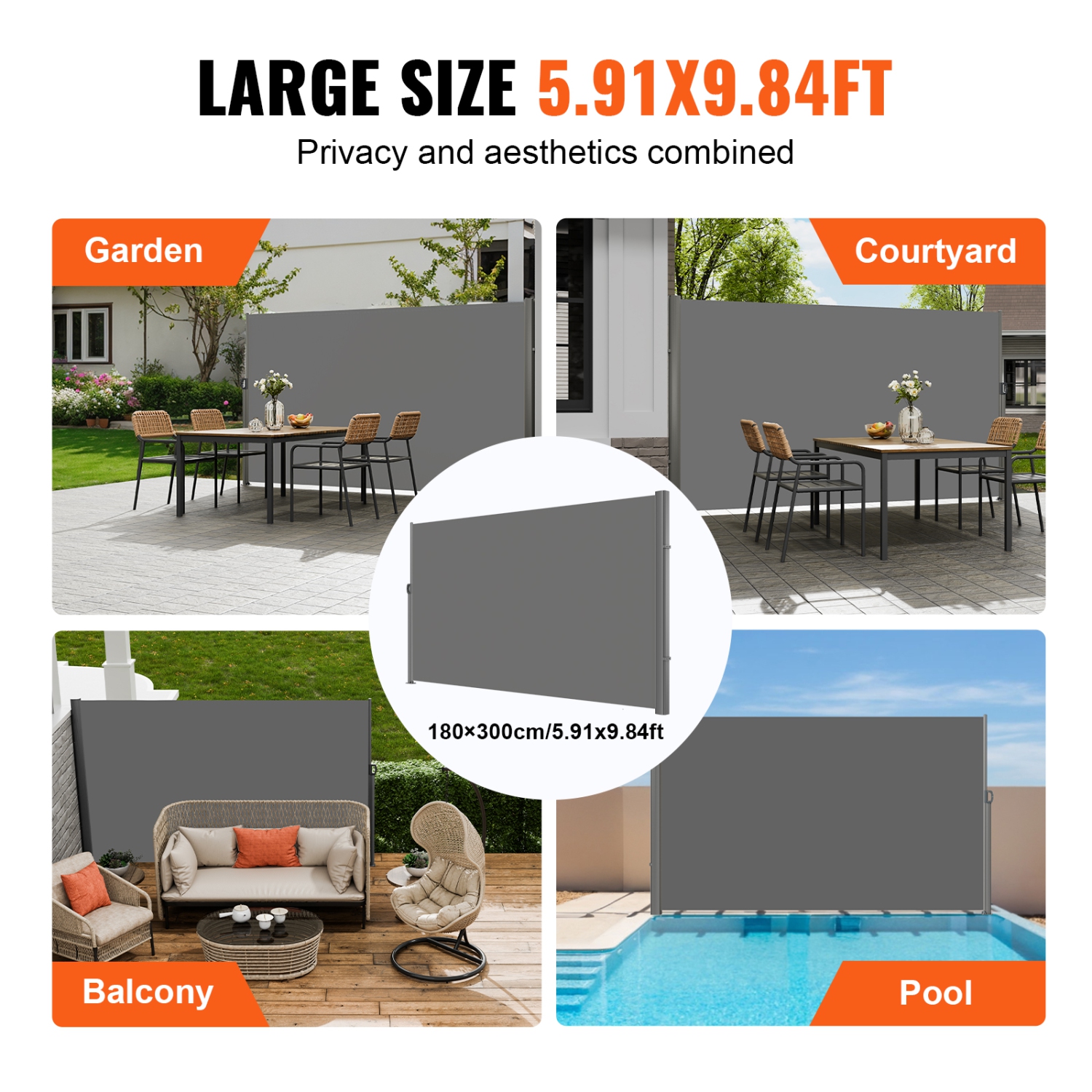 VEVOR 71''x 118'' Retractable Side Awning, Aluminum Outdoor Privacy Screen, 280g Polyester Water-proof Retractable Patio Screen, UV 30+ Room Divider