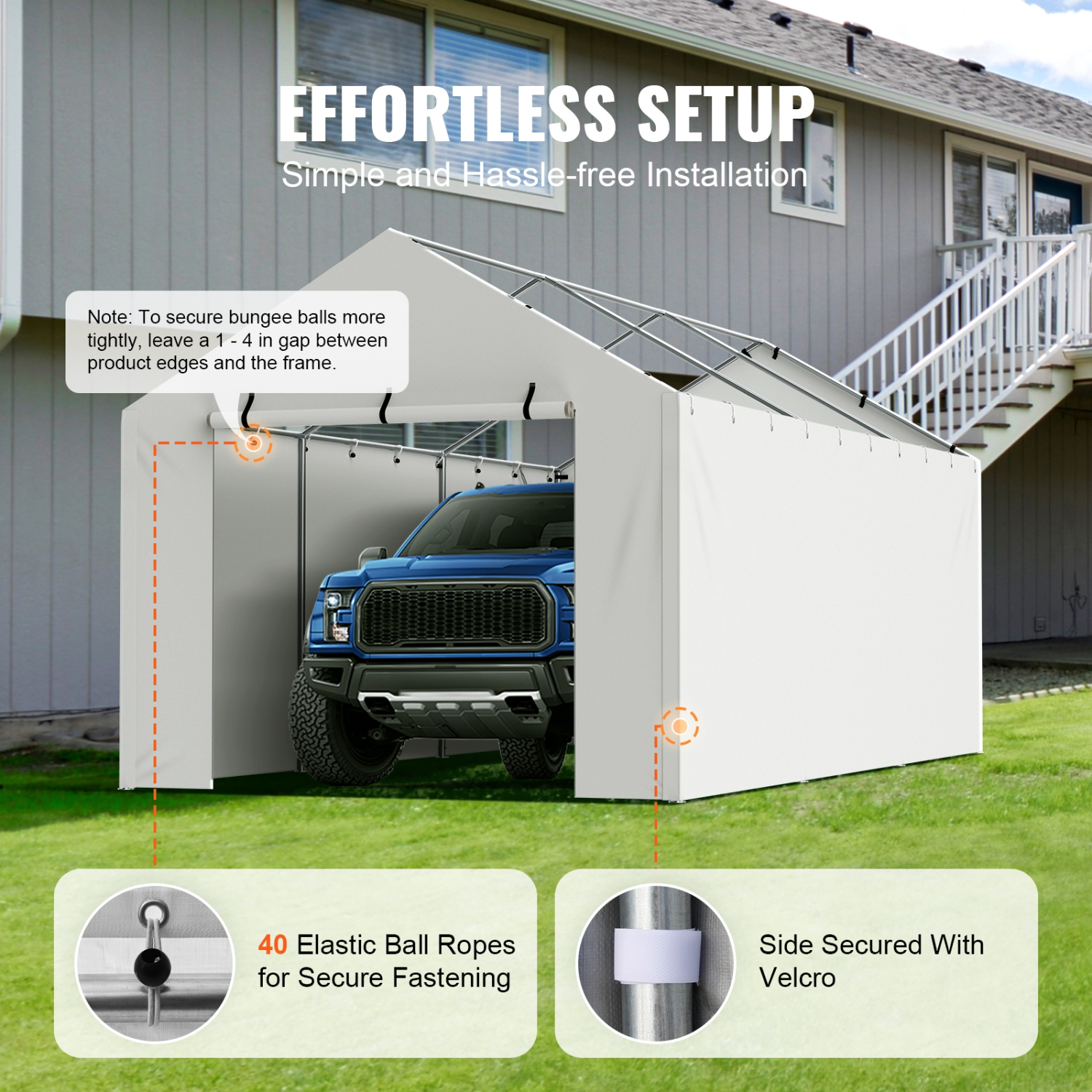 VEVOR 10 x 20 ft Carport Replacement Canopy Cover Side Wall , Garage Tent Shelter Tarp Heavy-Duty Waterproof & UV Protected, with Ball Bungees,White