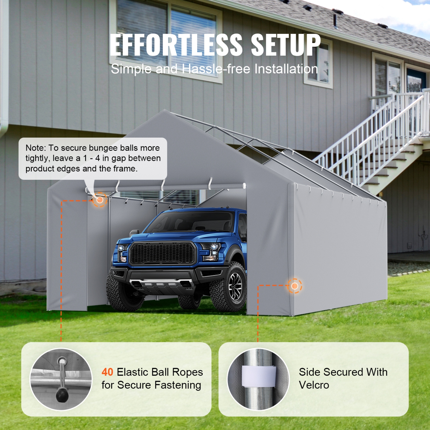 VEVOR 13 x 20 ft Carport Replacement Canopy Cover Side Wall , Garage Tent Shelter Tarp Heavy-Duty Waterproof & UV Protected, with Ball Bungees,Grey