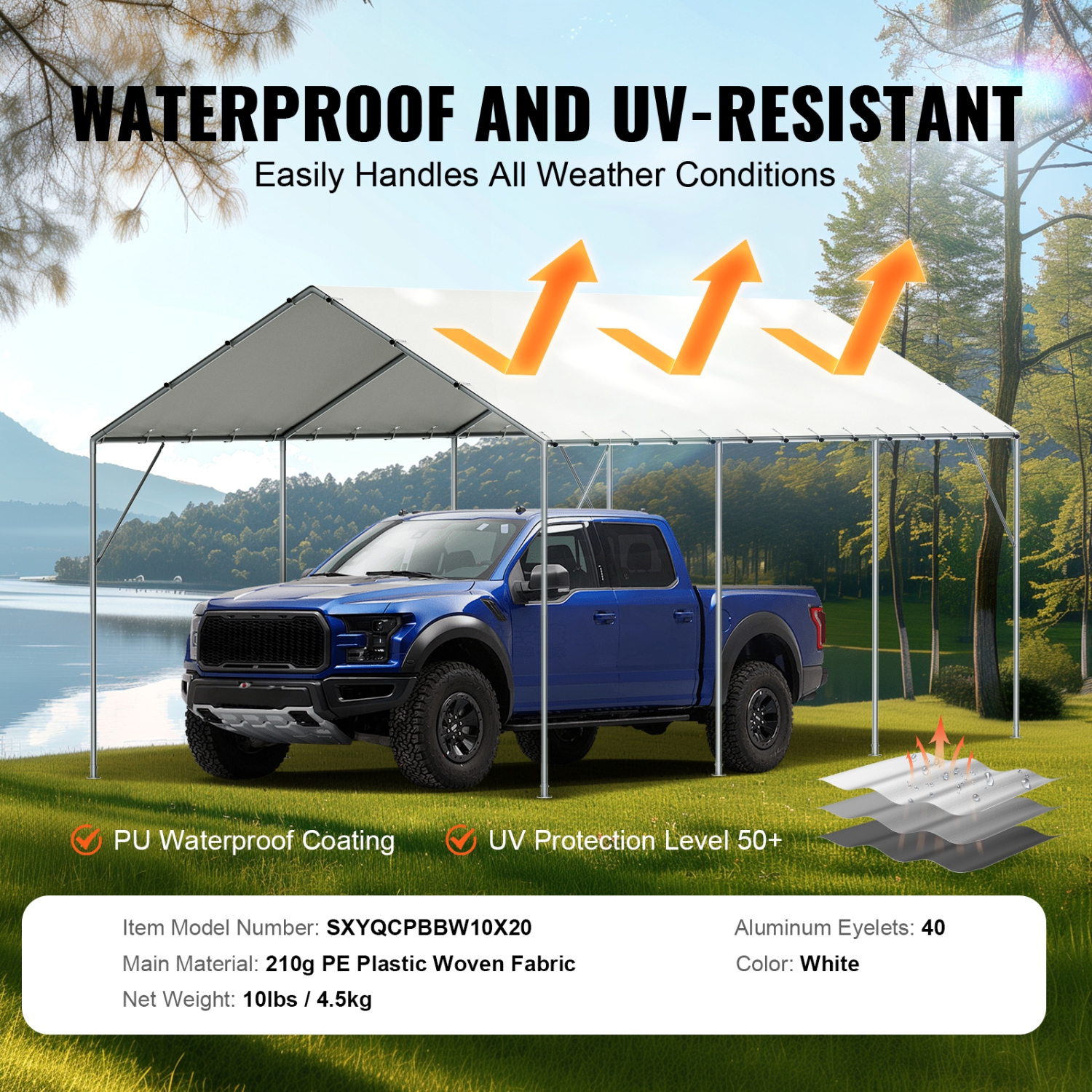 VEVOR 10 x 20 ft Carport Replacement Canopy Cover,Garage Top Tent Shelter Tarp Heavy-Duty Waterproof & UV Protected,with 40 Ball Bungees,White