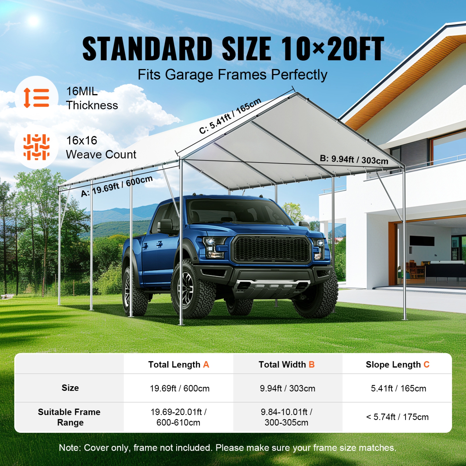 VEVOR 10 x 20 ft Carport Replacement Canopy Cover,Garage Top Tent Shelter Tarp Heavy-Duty Waterproof & UV Protected,with 40 Ball Bungees,White