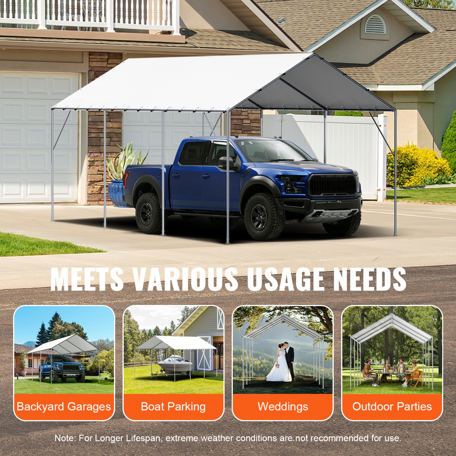 VEVOR 10 x 20 ft Carport Replacement Canopy Cover,Garage Top Tent Shelter Tarp Heavy-Duty Waterproof & UV Protected,with 40 Ball Bungees,White