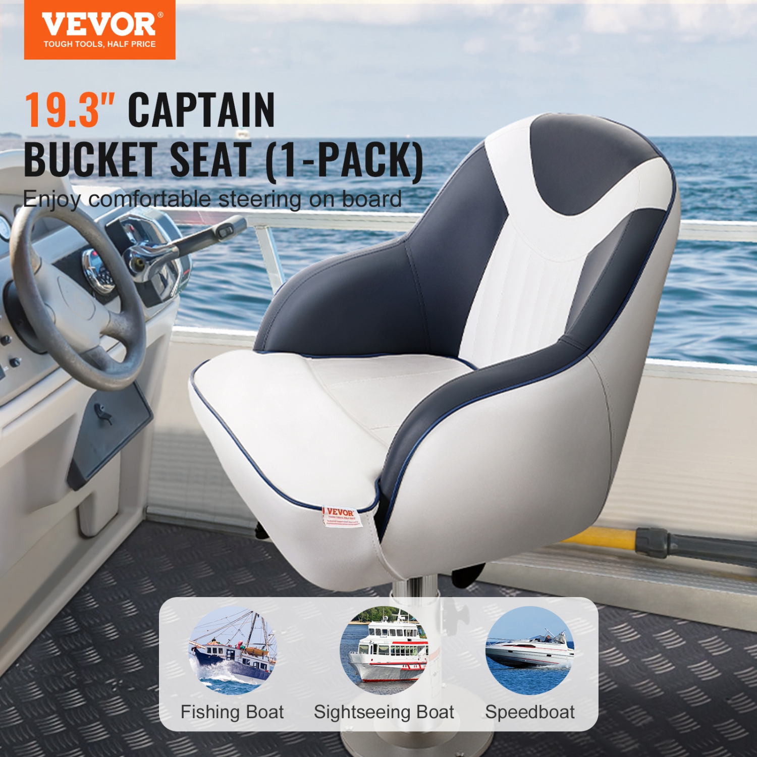 VEVOR 1-Piece Captain Bucket Seat, Pontoon Boat Seat with Thickened Sponge Padding, Boat Captain Chair for Fishing Boat, Sightseeing Boat, Speedboat,