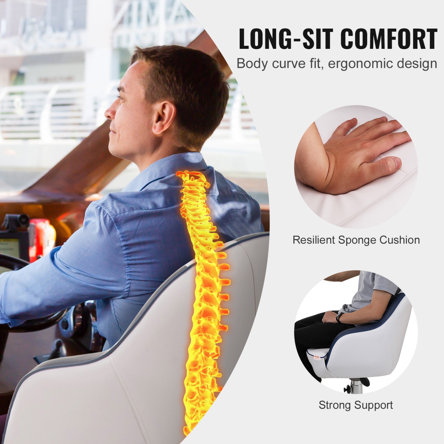 VEVOR 1-Piece Captain Bucket Seat, Pontoon Boat Seat with Thickened Sponge Padding, Boat Captain Chair for Fishing Boat, Sightseeing Boat, Speedboat,