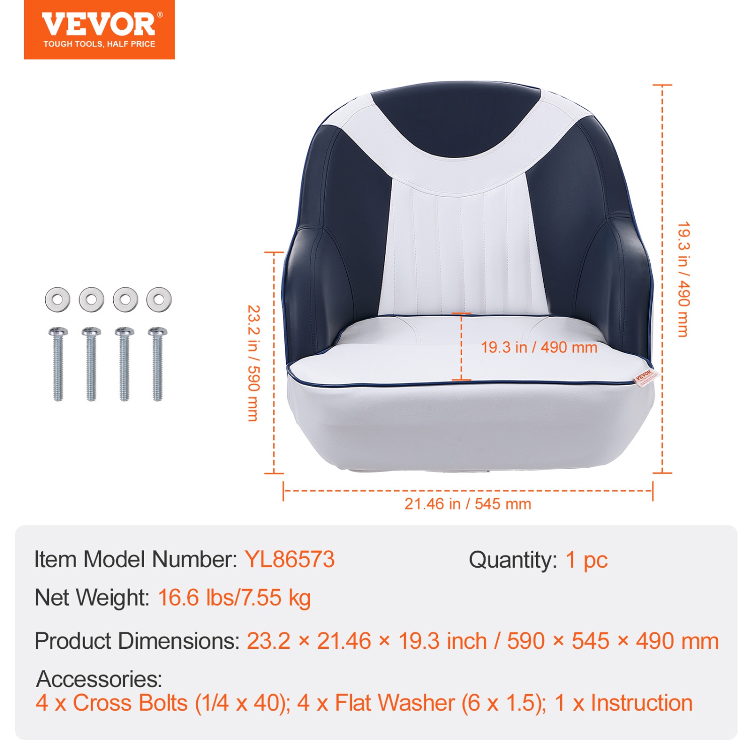 VEVOR 1-Piece Captain Bucket Seat, Pontoon Boat Seat with Thickened Sponge Padding, Boat Captain Chair for Fishing Boat, Sightseeing Boat, Speedboat,