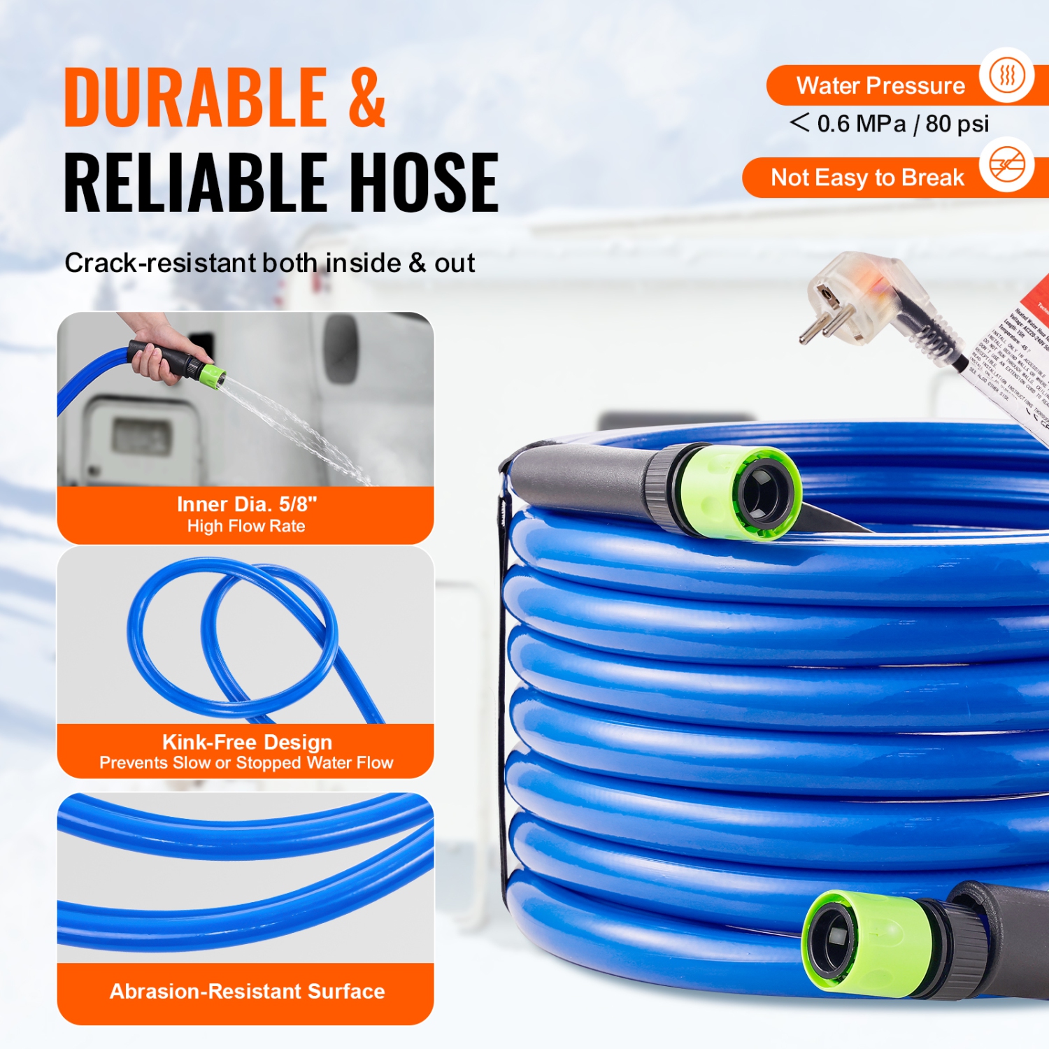 VEVOR 30ft Heated Water Hose for RV, Heated Drinking Water Hose Antifreeze to -45°F, Automatic Self-regulating, 5/8" I.D. with 3/4" GHT Adapter, Lead