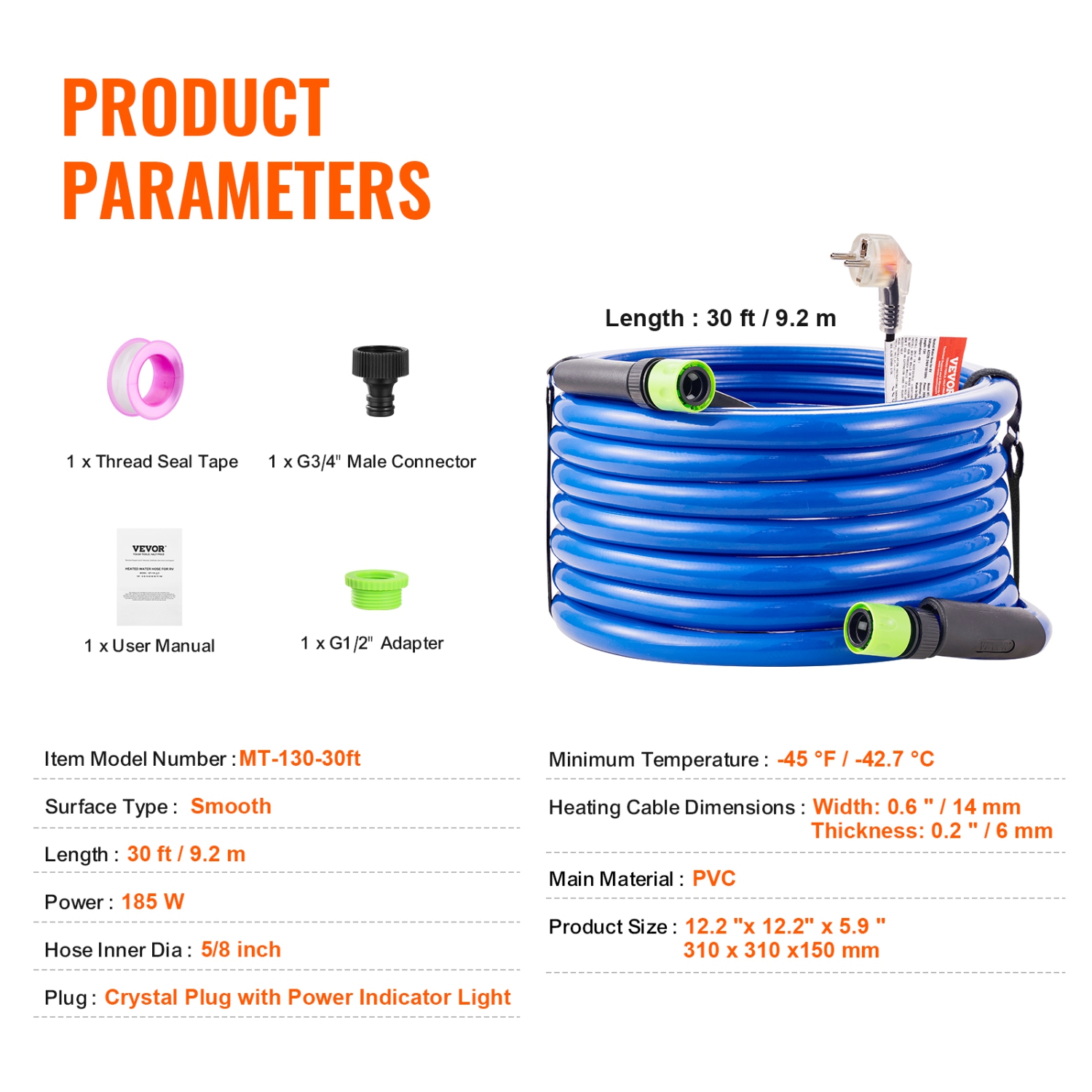 VEVOR 30ft Heated Water Hose for RV, Heated Drinking Water Hose Antifreeze to -45°F, Automatic Self-regulating, 5/8" I.D. with 3/4" GHT Adapter, Lead