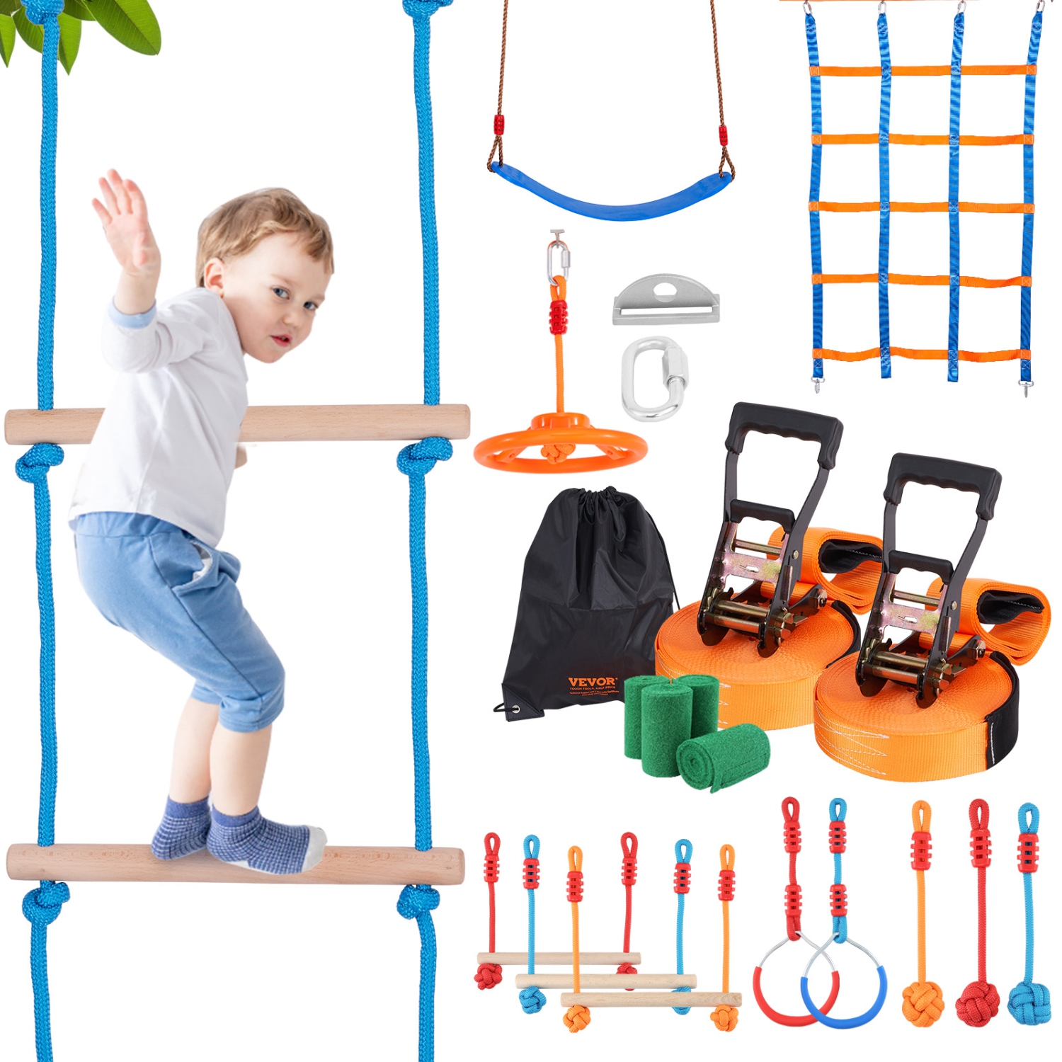 VEVOR 2 x 56 ft Ninja Warrior Obstacle Course for Kids,Weatherproof Slacklines, 500lbs Weight Capacity Monkey Line, Playset Equipment,Toys Training