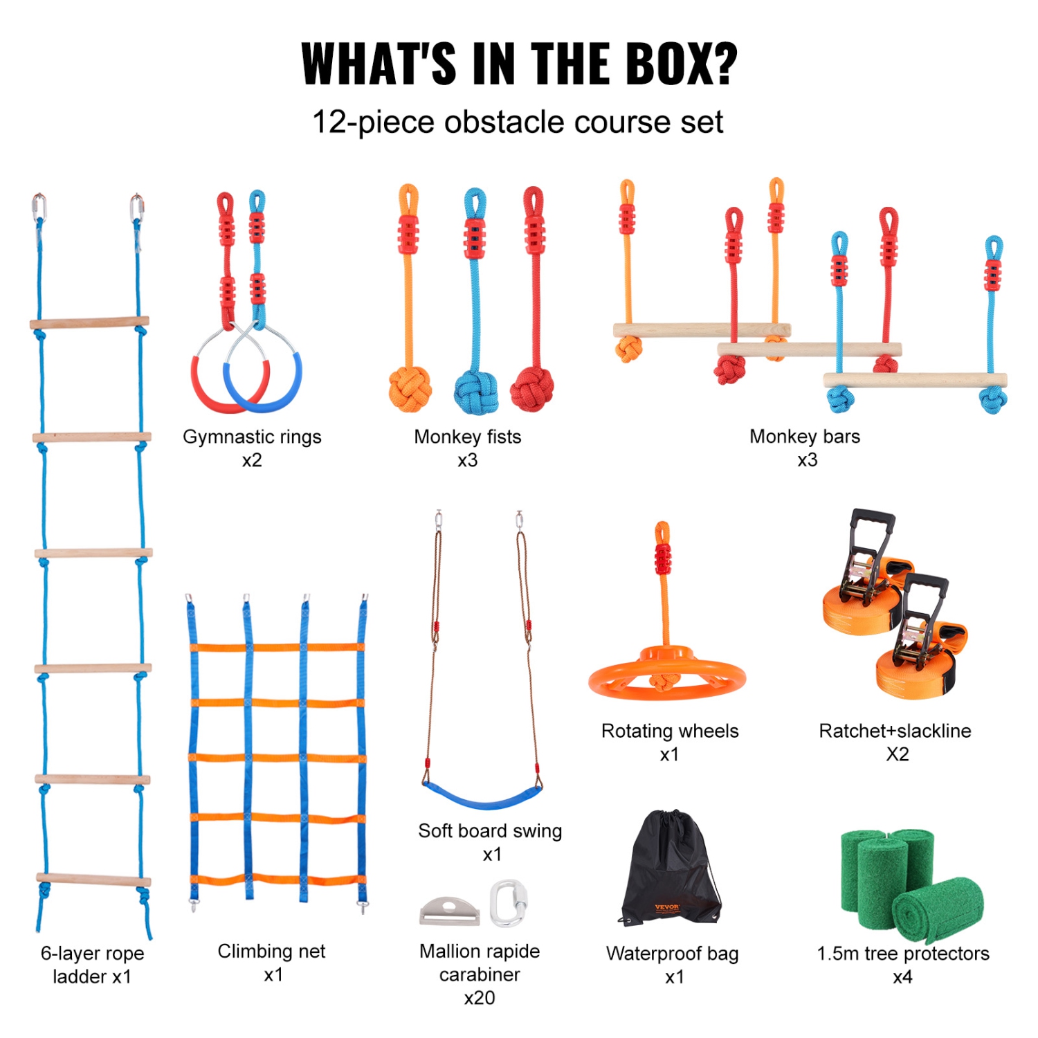 VEVOR 2 x 56 ft Ninja Warrior Obstacle Course for Kids,Weatherproof Slacklines, 500lbs Weight Capacity Monkey Line, Playset Equipment,Toys Training