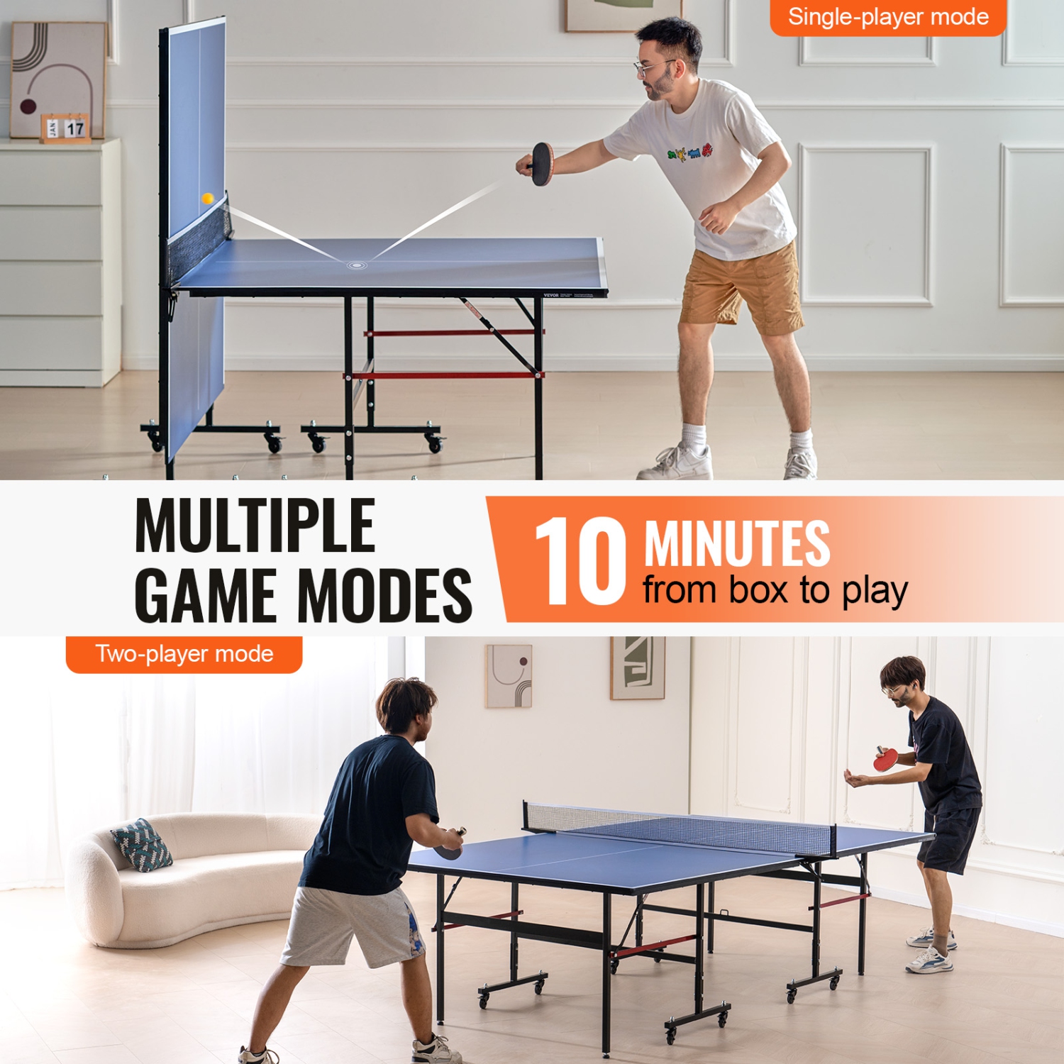 VEVOR 12mm Ping Pong Table,Professional Table Tennis Game,Indoor MDF Table Tennis Table,Ping Pong Table with Quick Clamp Net and Lockable Wheel, 10
