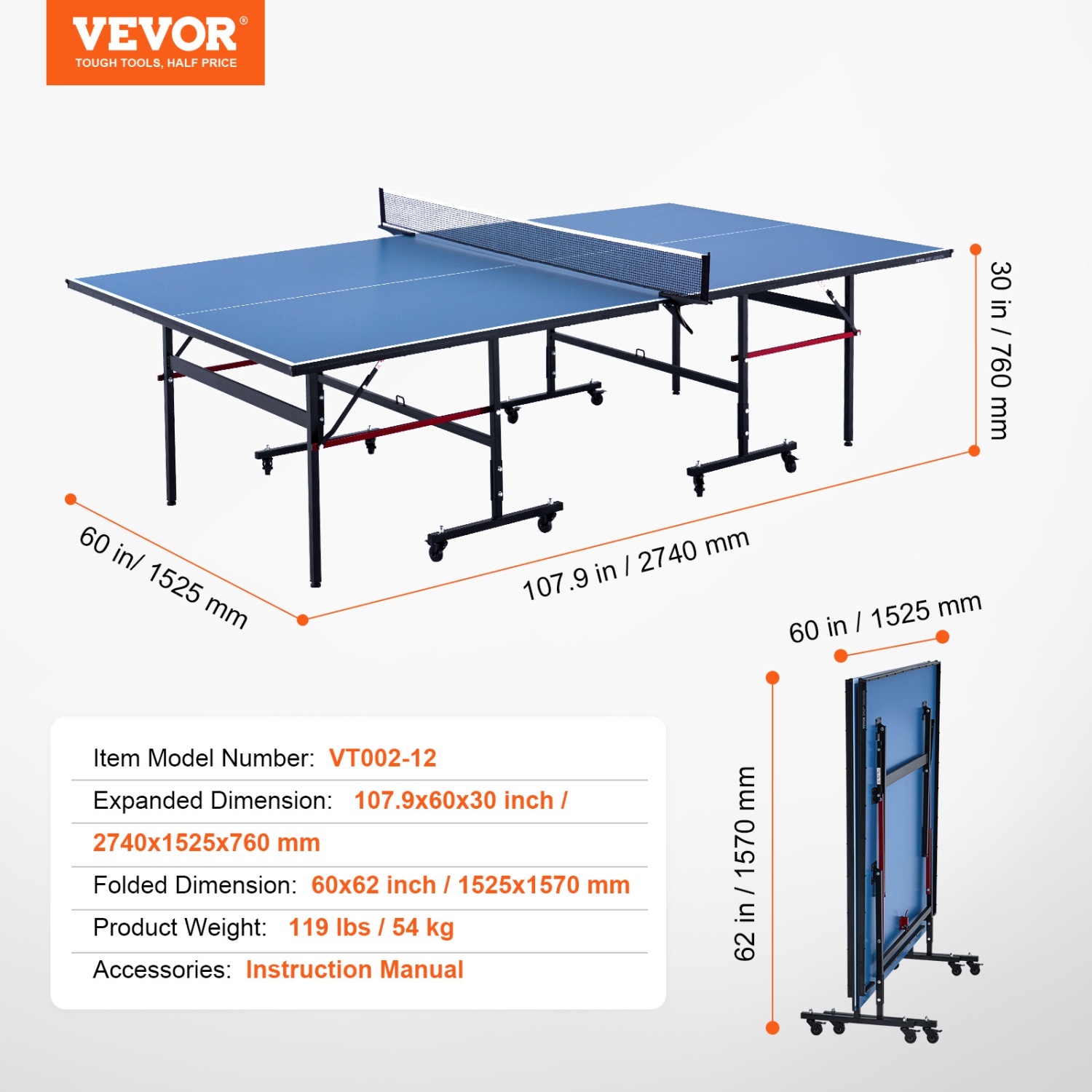 VEVOR 12mm Ping Pong Table,Professional Table Tennis Game,Indoor MDF Table Tennis Table,Ping Pong Table with Quick Clamp Net and Lockable Wheel, 10