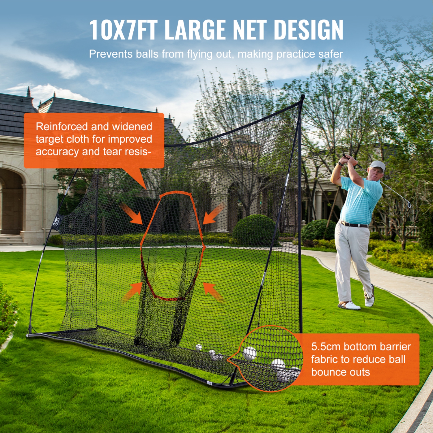VEVOR 10.8x7ft Golf Practice Hitting Net,Personal Driving Range for Indoor Outdoor Use, Portable Home Golf Aid Net with Target/Fiberglass Frame/Carry