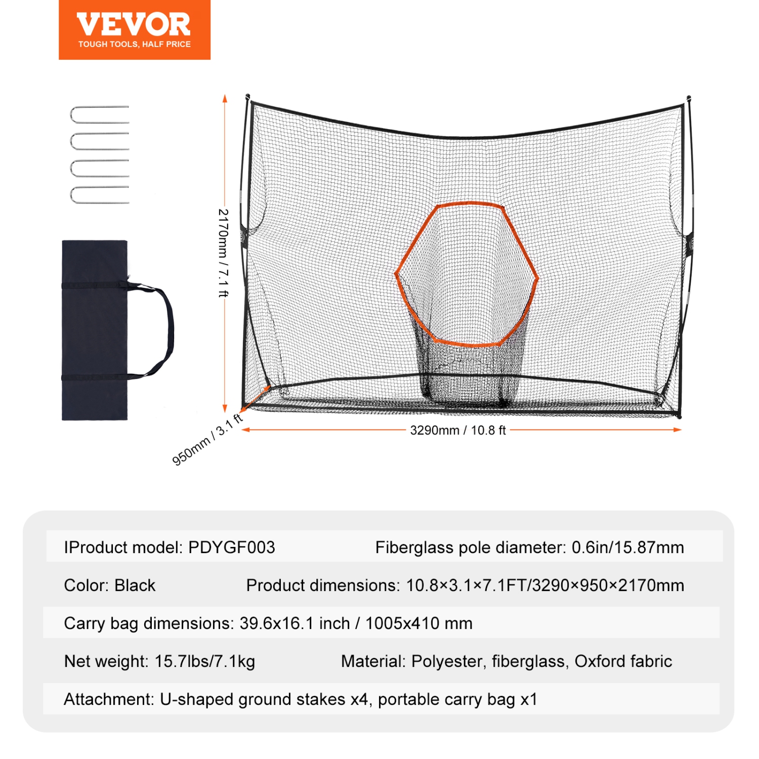 VEVOR 10.8x7ft Golf Practice Hitting Net,Personal Driving Range for Indoor Outdoor Use, Portable Home Golf Aid Net with Target/Fiberglass Frame/Carry