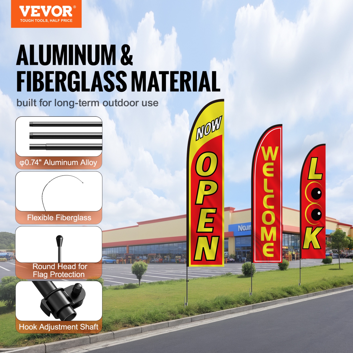 VEVOR 16.3 FT Open Flags with Pole Kit, Advertising Flags for Business Outside, Advertising Feather Flag Kit, 3 Flags, 3 Poles,3 Ground Stakes,