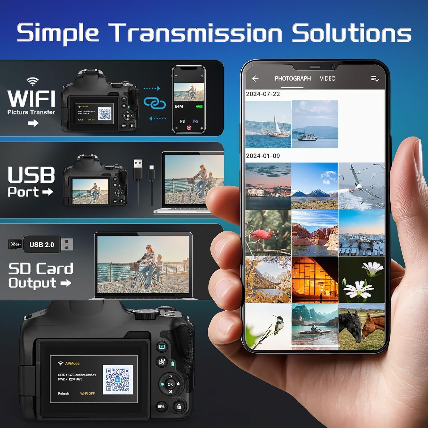 64MP Digital Cameras for Photography,12 X Optical Zoom with WiFi & App Control,4K vlogging Camera for YouTube,Auto Focus,Camera Straps,2 battries and