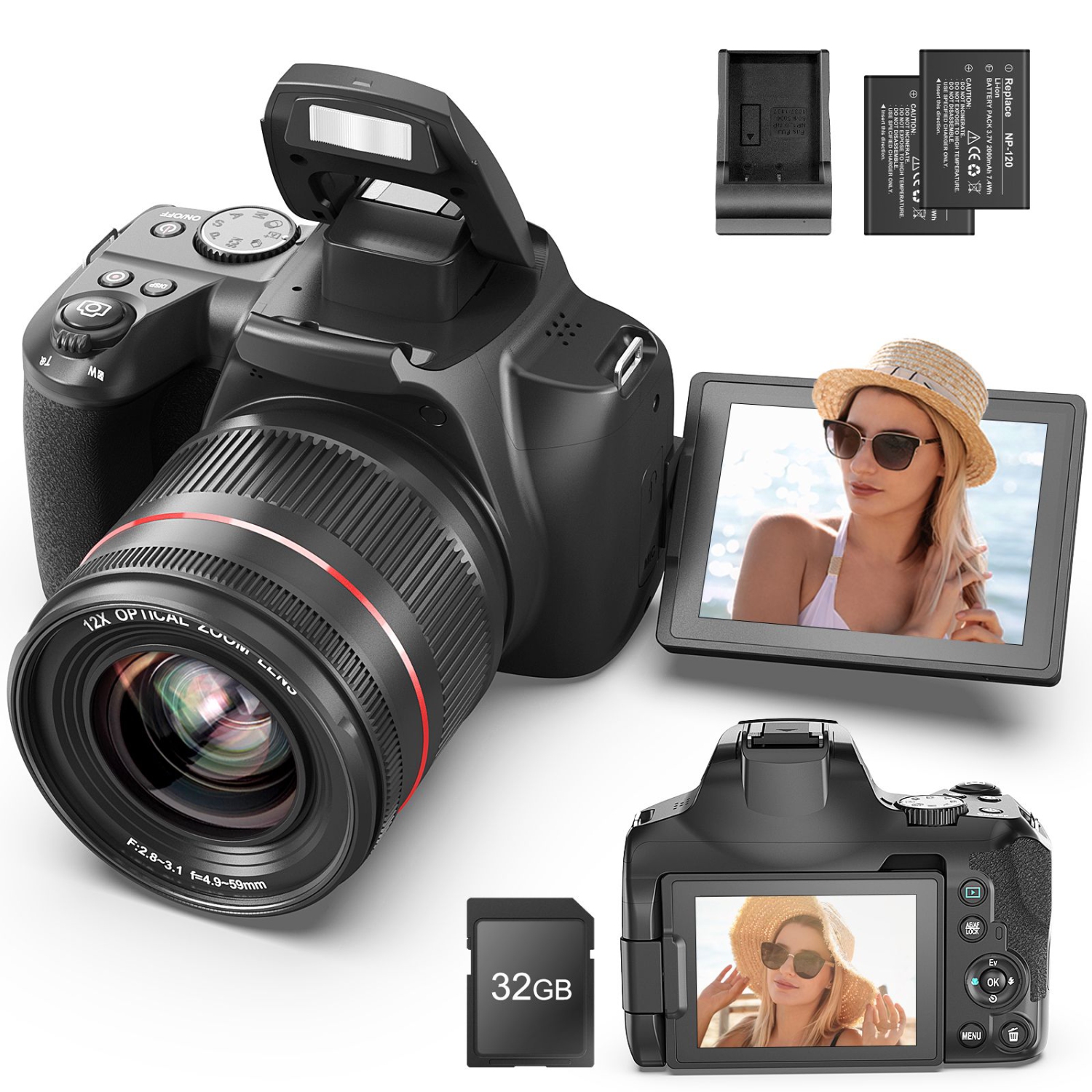 Digital Camera for Photography 64MP 12 x Optical Zoom Bridge with Macro,4K vlogging for YouTube,Auto Focus,Straps,2 battries and 32 SD Card