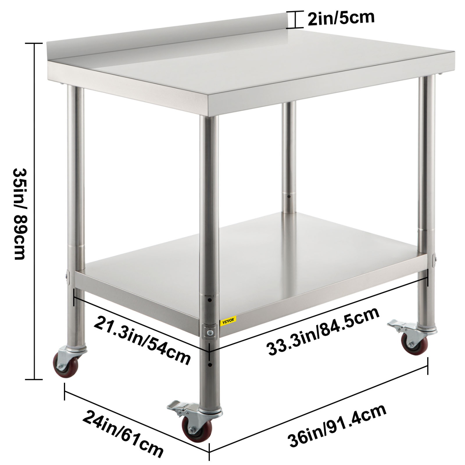 VEVOR 36 x 24 x 35 Inch Stainless Steel Prep Table, 440lbs Load Capacity Heavy Duty Metal orktable with Backsplash Adjustable Undershelf & 4 Casters,
