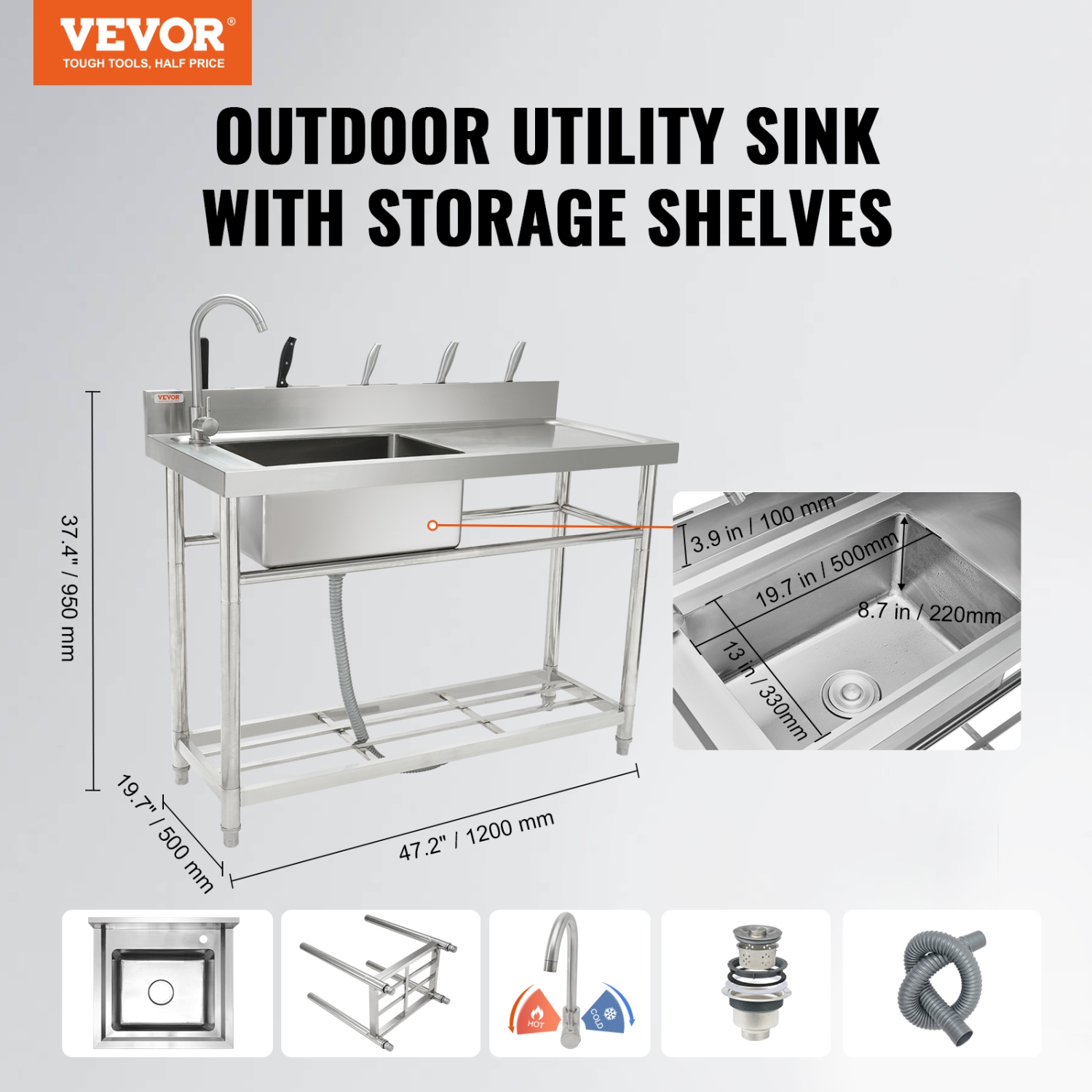 VEVOR 47 x 19.7 x 37.4 in Stainless Steel Utility Sink, Free Standing Single Bowl Commercial Kitchen Sink Set w/Workbench, Commercial Single Bowl
