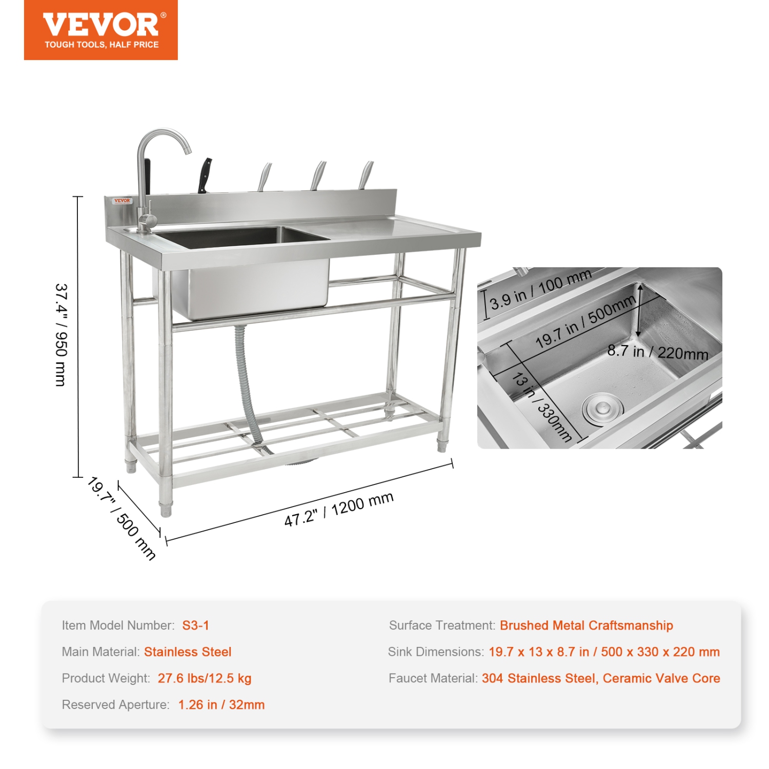 VEVOR 47 x 19.7 x 37.4 in Stainless Steel Utility Sink, Free Standing Single Bowl Commercial Kitchen Sink Set w/Workbench, Commercial Single Bowl