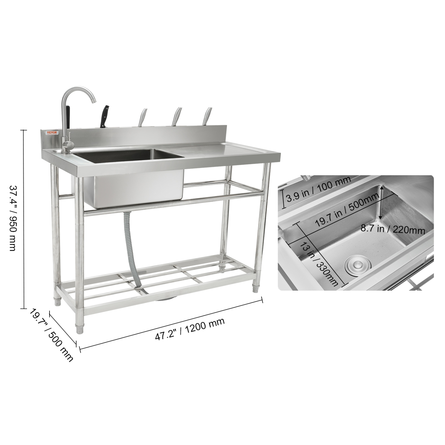 VEVOR 47 x 19.7 x 37.4 in Stainless Steel Utility Sink, Free Standing Single Bowl Commercial Kitchen Sink Set w/Workbench, Commercial Single Bowl