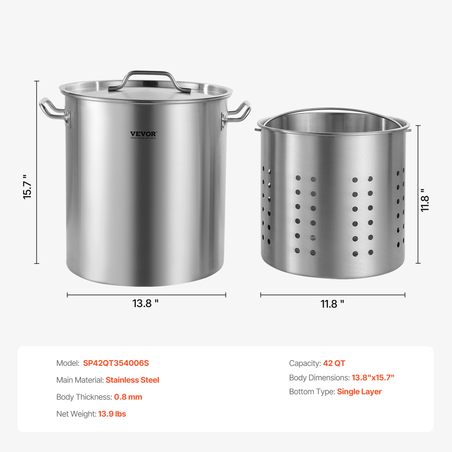 VEVOR 42 Quart Stainless Steel Stockpot, Large Cooking Pots, Cookware Sauce Pot with Basket, Lid, and Handle, Heavy Duty Commercial Grade Stock Pot,