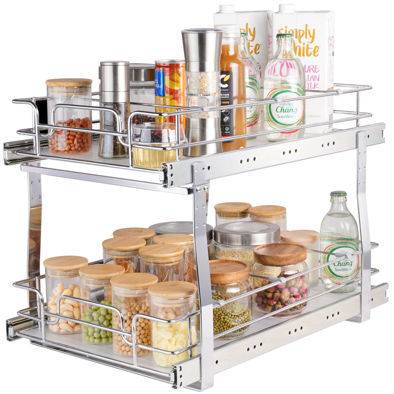 VEVOR 2 Tier 13"W x 21"D Pull Out Cabinet Organizer, Heavy Duty Slide Out Pantry Shelves, Chrome-Plated Steel Roll Out Drawers, Sliding Drawer