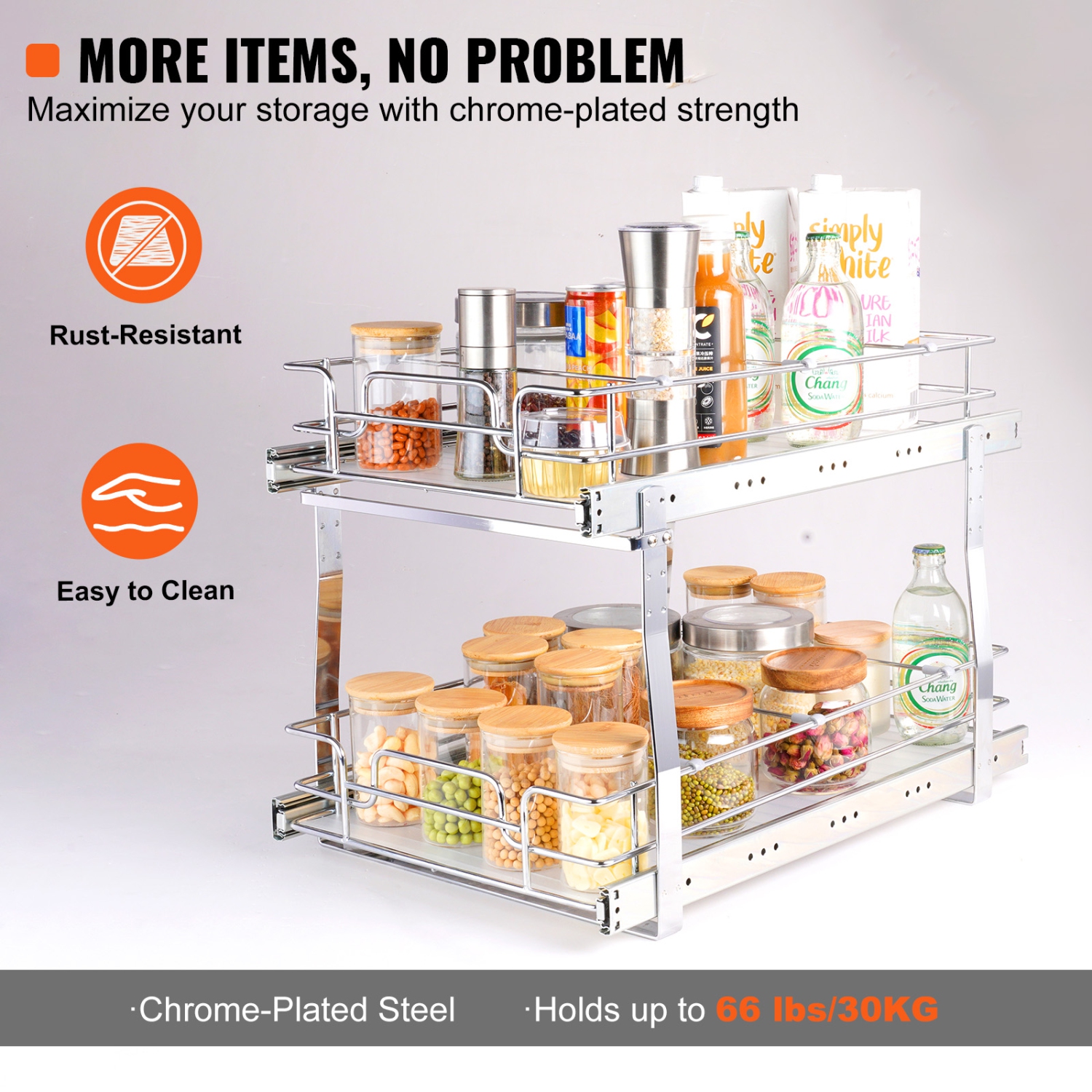 VEVOR 2 Tier 13"W x 21"D Pull Out Cabinet Organizer, Heavy Duty Slide Out Pantry Shelves, Chrome-Plated Steel Roll Out Drawers, Sliding Drawer