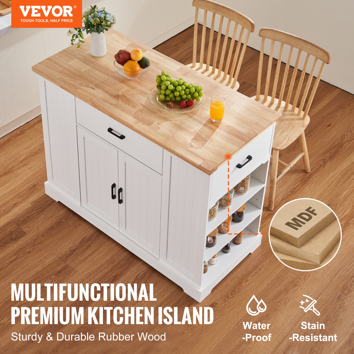 VEVOR 46" Kitchen Island Cart, Wood Top Breakfast Bar with Storage Cabinet, Farmhouse Kitchen Table with Adjustable Shelf, Drawer, for Dining Kitchen