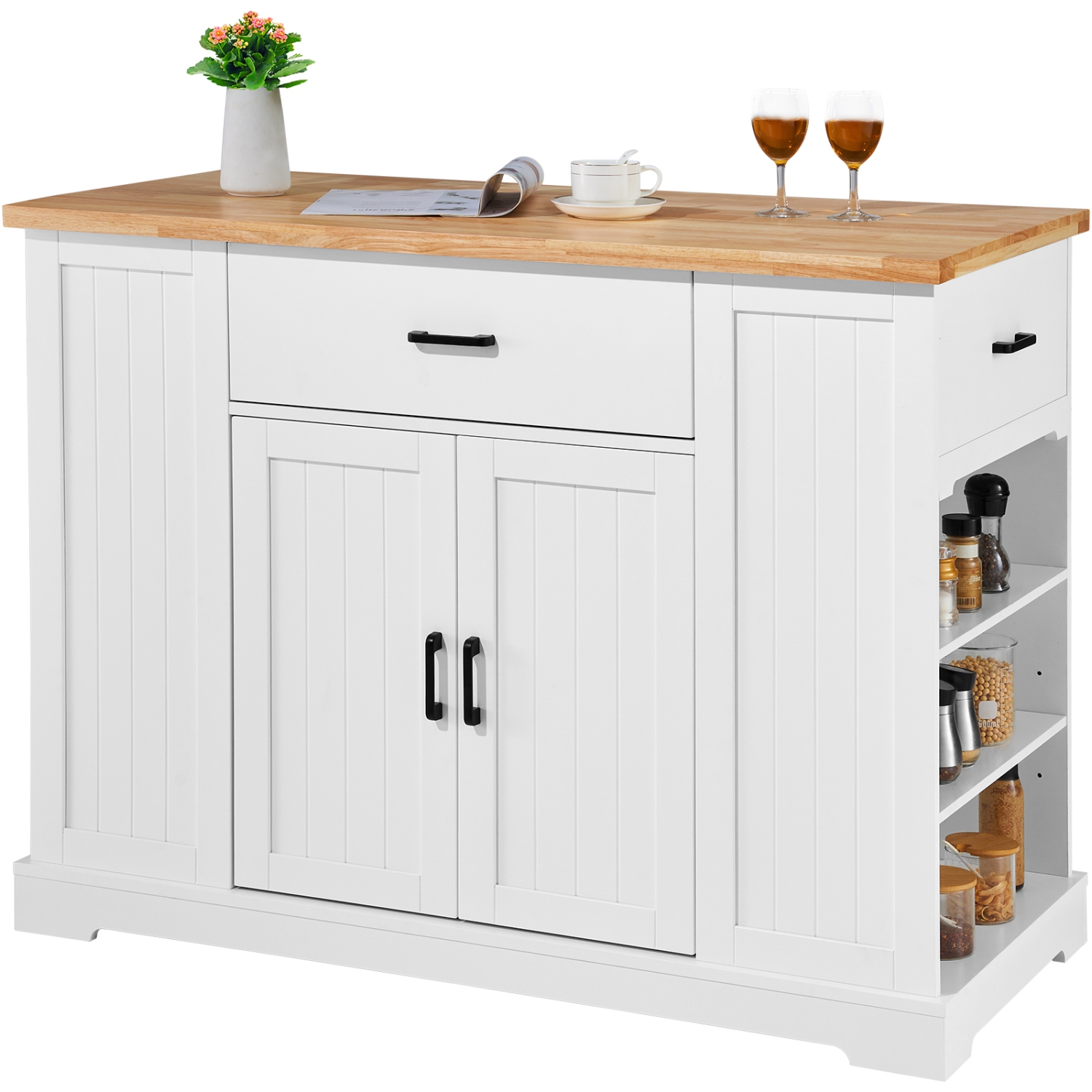 VEVOR 46" Kitchen Island Cart, Wood Top Breakfast Bar with Storage Cabinet, Farmhouse Kitchen Table with Adjustable Shelf, Drawer, for Dining Kitchen