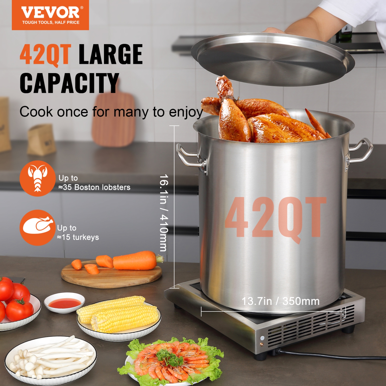 VEVOR 42 Quart Stainless Steel Stockpot, Large Cooking Pots, Multipurpose Cookware Sauce Pot with Lid & Handle, Heavy Duty Commercial Grade Stock