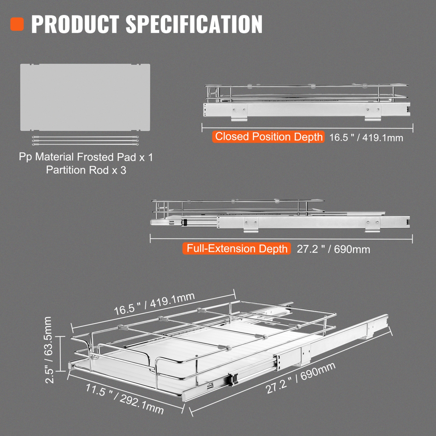 VEVOR 12"W x 17"D Pull Out Cabinet Organizer, Heavy Duty Slide Out Pantry Shelves, Chrome-Plated Steel Roll Out Drawers, Sliding Drawer Storage for