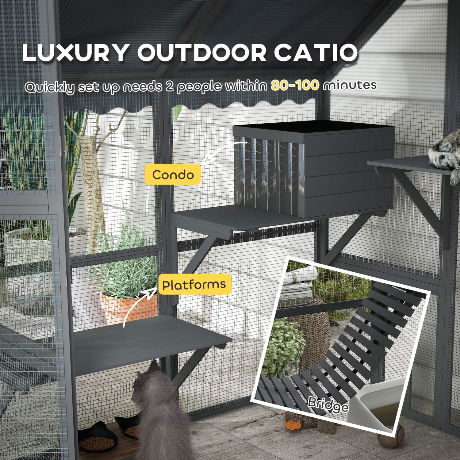 PawHut Catio Outdoor Cat Enclosure, Large Kitten House with Waterproof Cover, 2 Resting Boxes, 4 Platforms, Bridge, Wooden Cat Cage Outdoor for 2-4