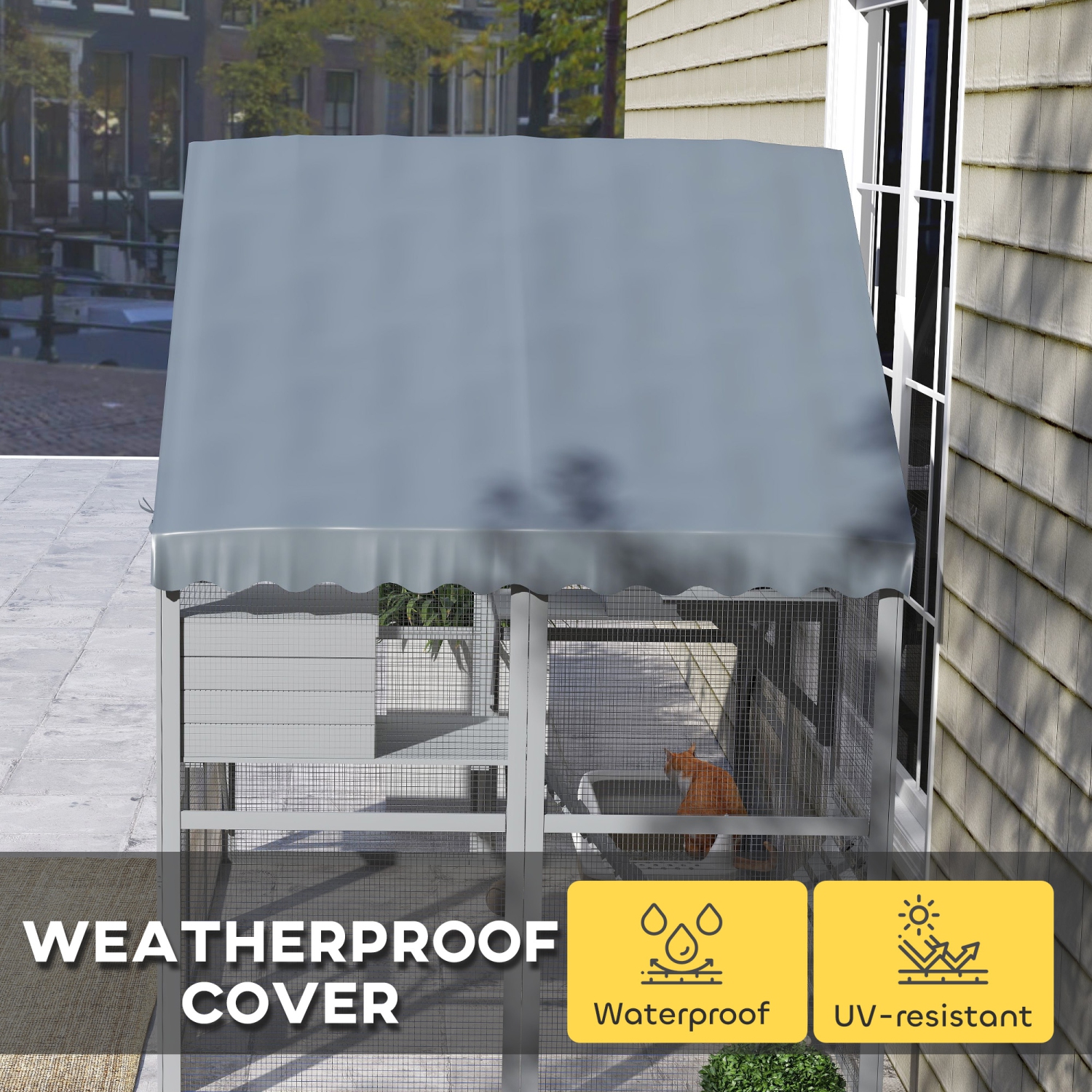 PawHut Catio Outdoor Cat Enclosure, Large Kitten House with Waterproof Cover, 2 Resting Boxes, 4 Platforms, Bridge, Wooden Cat Cage Outdoor for 2-4