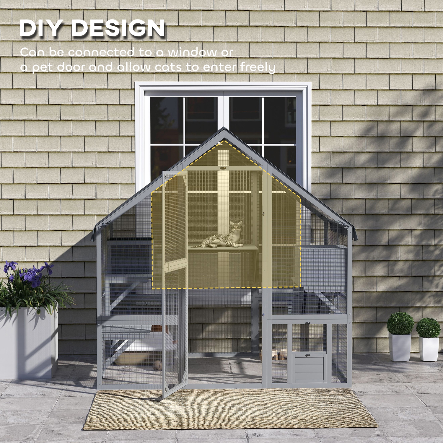 PawHut Catio Outdoor Cat Enclosure, Large Kitten House with Waterproof Cover, 2 Resting Boxes, 4 Platforms, Bridge, Wooden Cat Cage Outdoor for 2-4