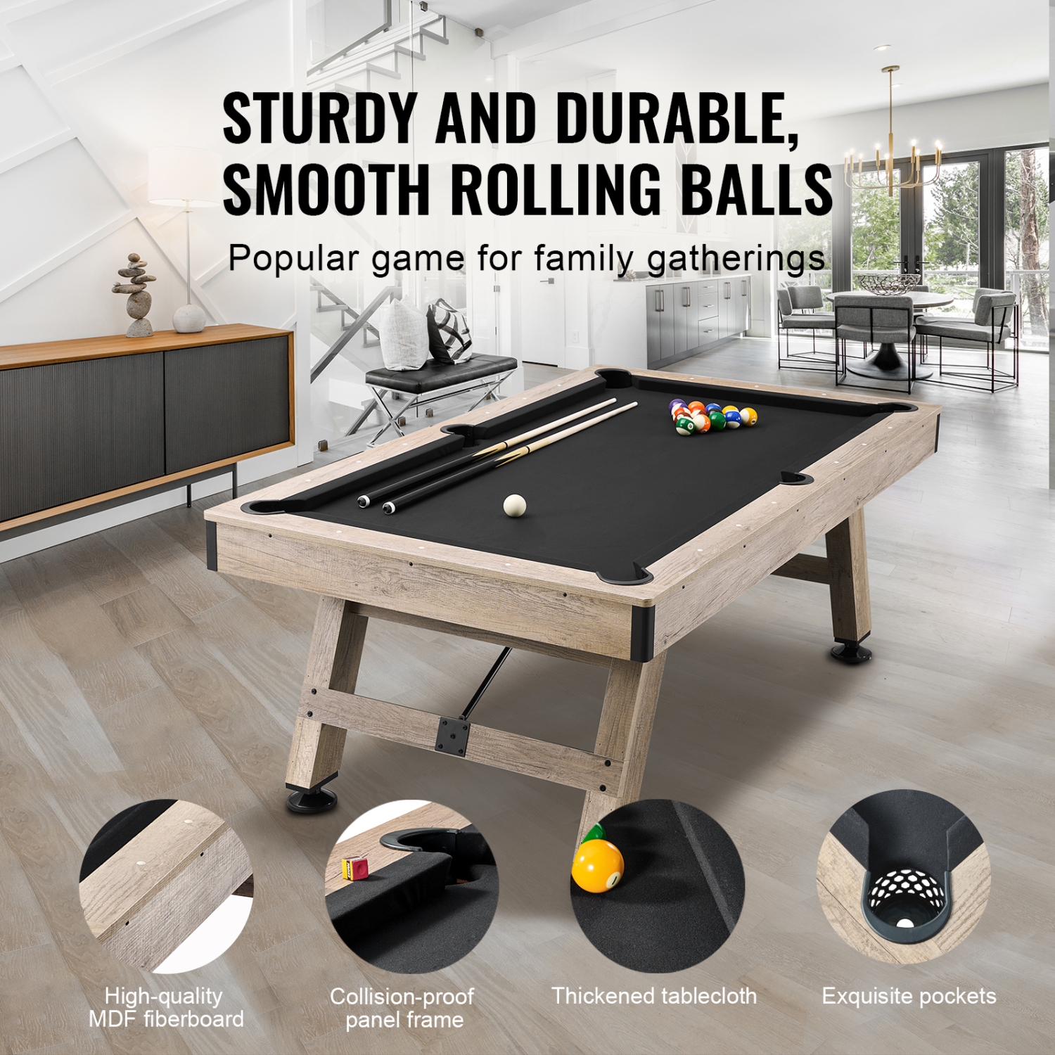VEVOR 7 ft Pool Table,Adjust Legs Stable Billiards Table,Pool Table Set Includes Balls, Cues,Chalks and Brush, Wood Color with Black Cloth,Perfect