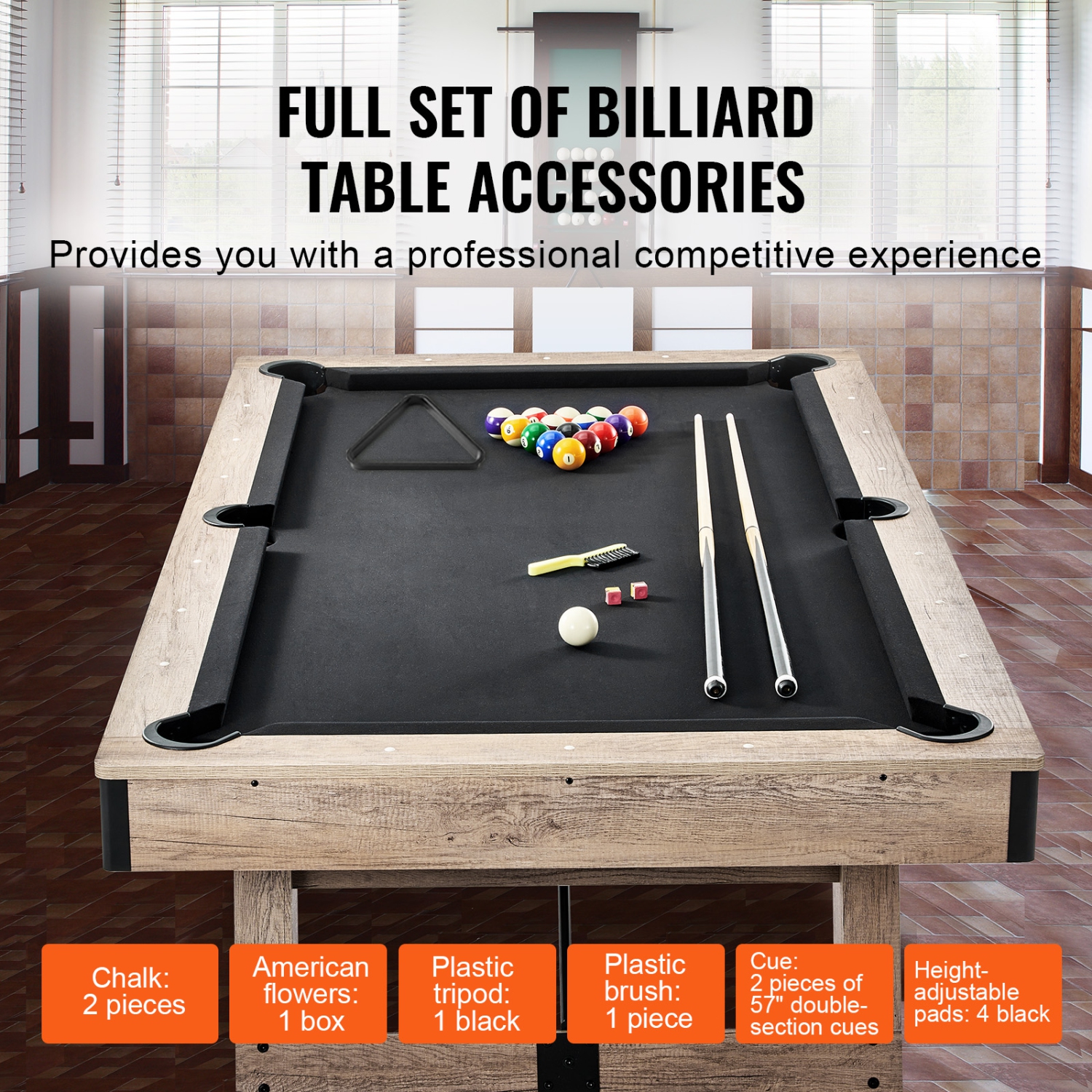 VEVOR 7 ft Pool Table,Adjust Legs Stable Billiards Table,Pool Table Set Includes Balls, Cues,Chalks and Brush, Wood Color with Black Cloth,Perfect