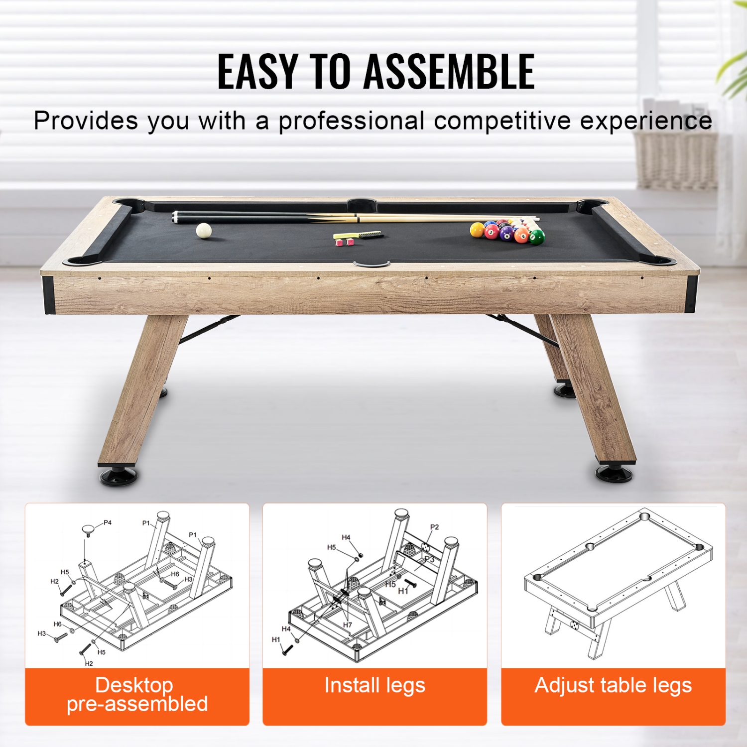 VEVOR 7 ft Pool Table,Adjust Legs Stable Billiards Table,Pool Table Set Includes Balls, Cues,Chalks and Brush, Wood Color with Black Cloth,Perfect