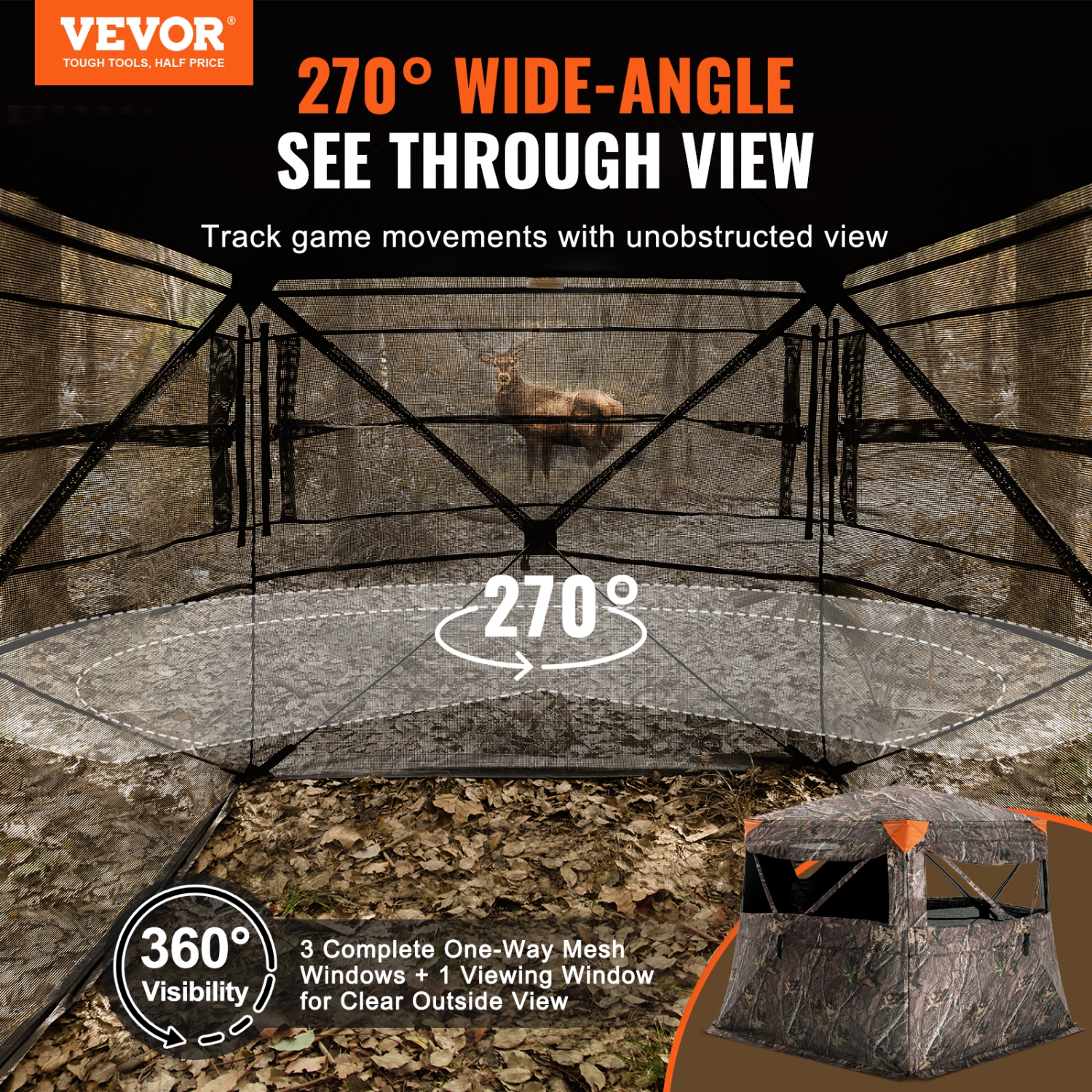 VEVOR 270° Hunting Blind, See Through Ground Blind, 4-5 Person Pop Up Deer Blind for Hunting with Bag, Resilient Hunting Tent, One-Way See-Through