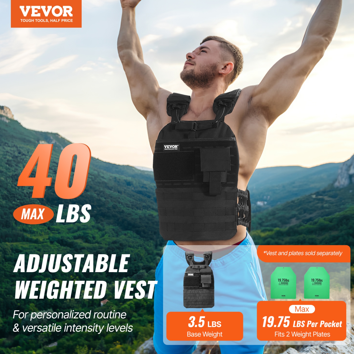 VEVOR 40lb Weight Vest, Adjustable Body Weight Jacket for Men Women, Workout Equipment for Strength and Endurance Training, Running, Jogging,