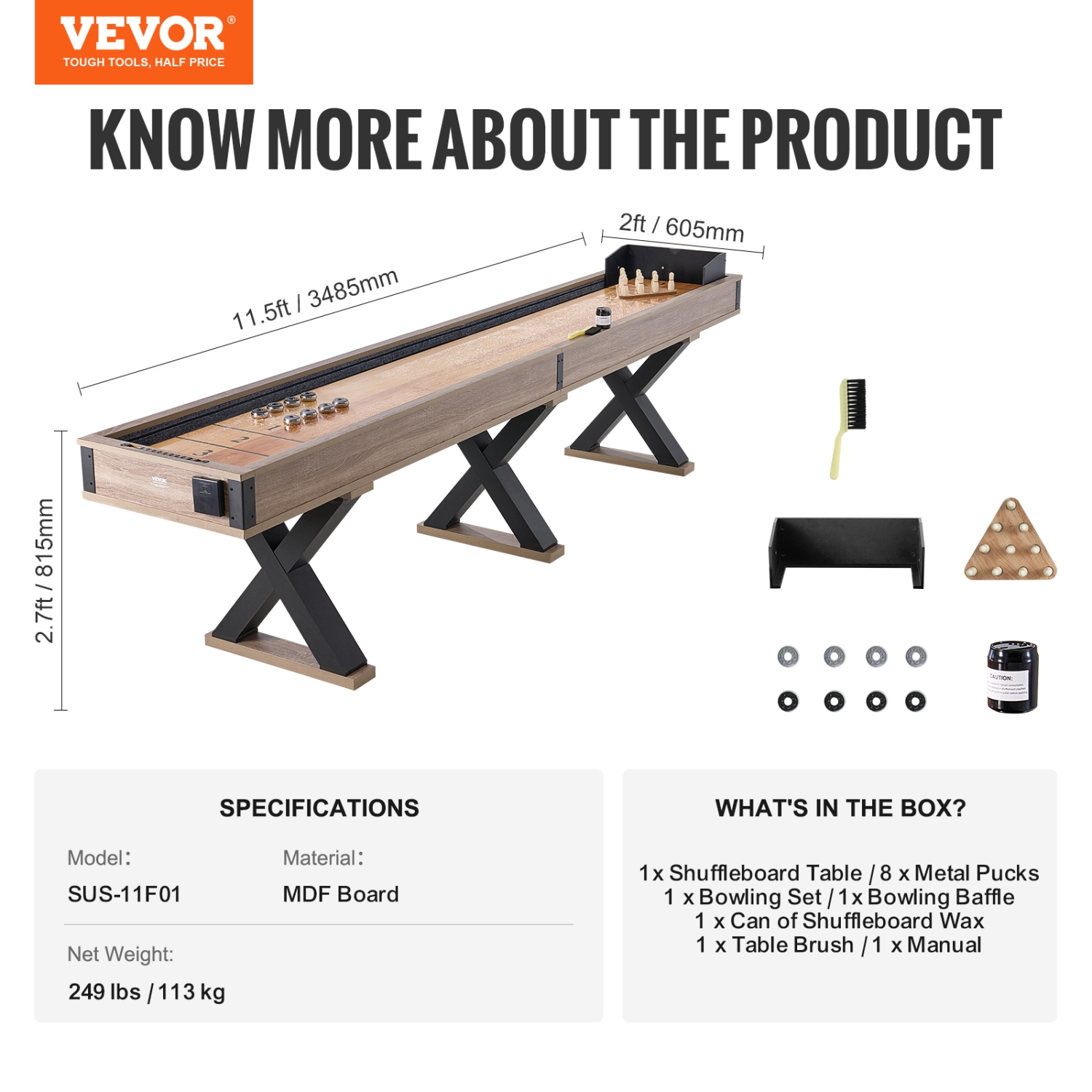 VEVOR 11.5 ft Shuffleboard Table, for Family Game Rooms, 2 in 1 Shuffleboard and Bowling Combo Set,with Scratch-Resistant Playfield, Legs,8