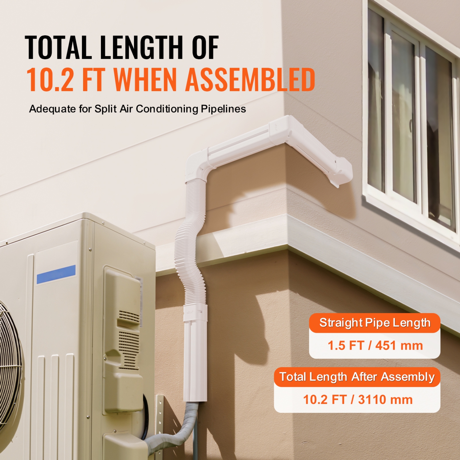 VEVOR 3-inch X 10 Ft Mini Split Line Set Cover , PVC Decorative Pipe Line Cover For Air Conditioner with 5 Straight Ducts & Full Components Easy to