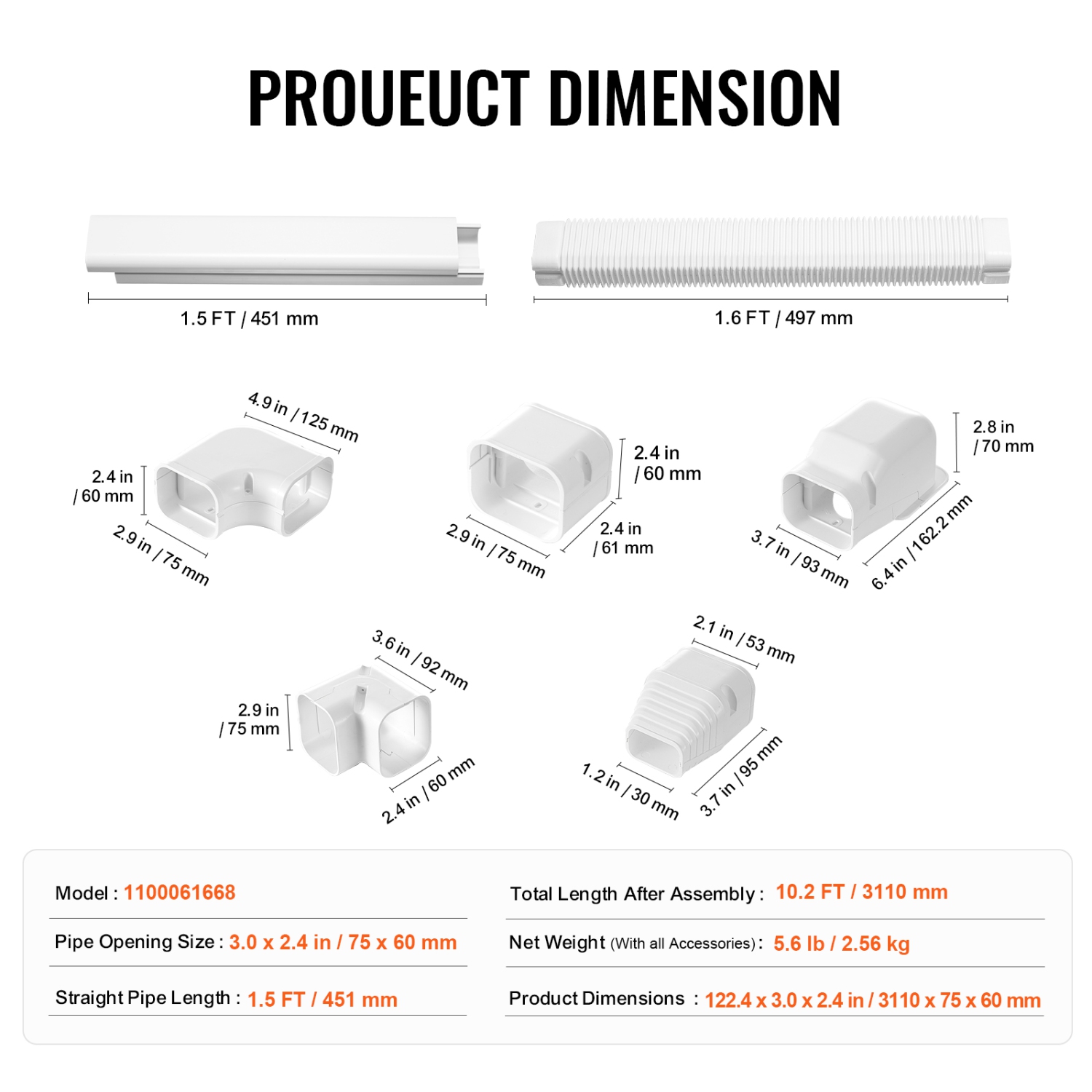 VEVOR 3-inch X 10 Ft Mini Split Line Set Cover , PVC Decorative Pipe Line Cover For Air Conditioner with 5 Straight Ducts & Full Components Easy to