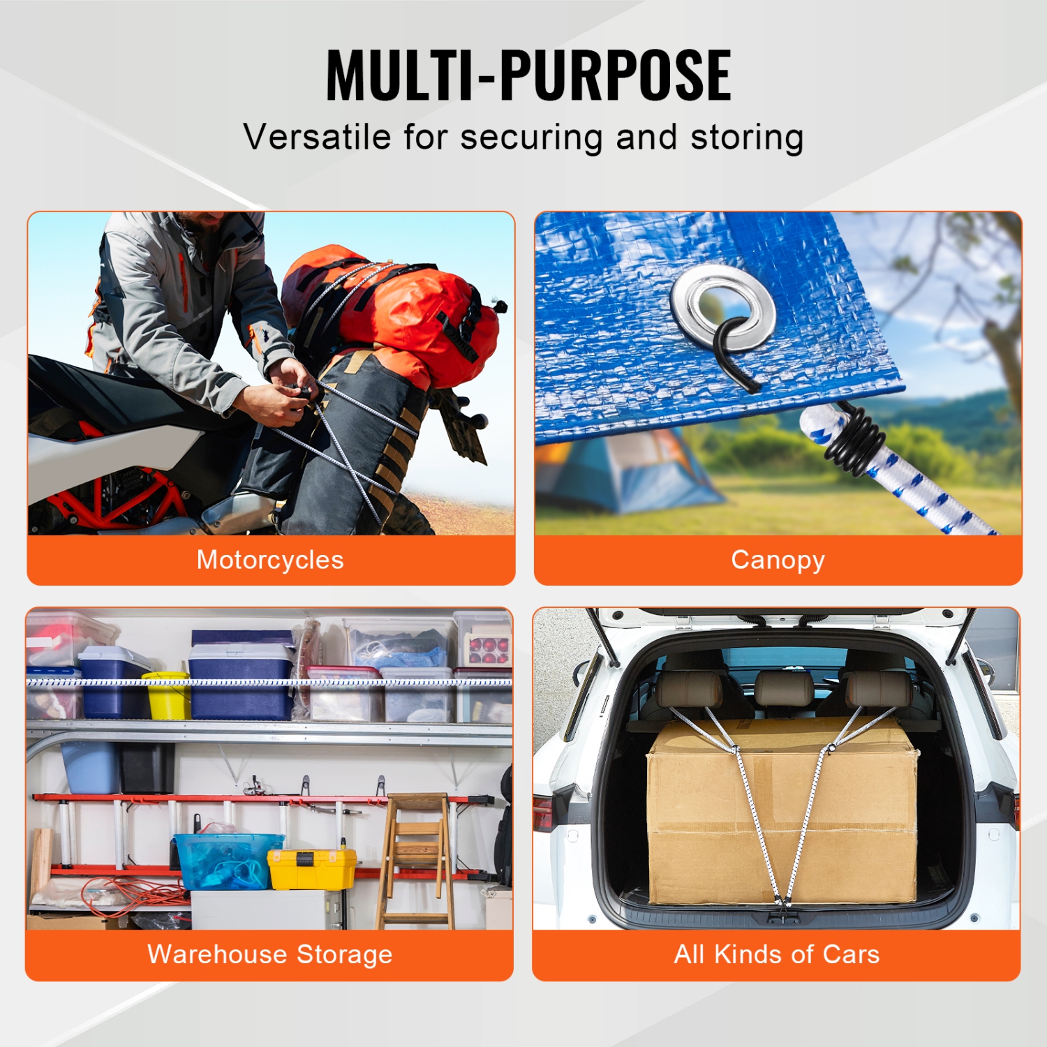 VEVOR 6 Piece Bungee Cords with A3 Steel Hooks, 72 Inch Heavy Duty Bungee Straps, 12 mm Elastic Bungee Ropes Set for Camping, Tarps, Motorcycle,