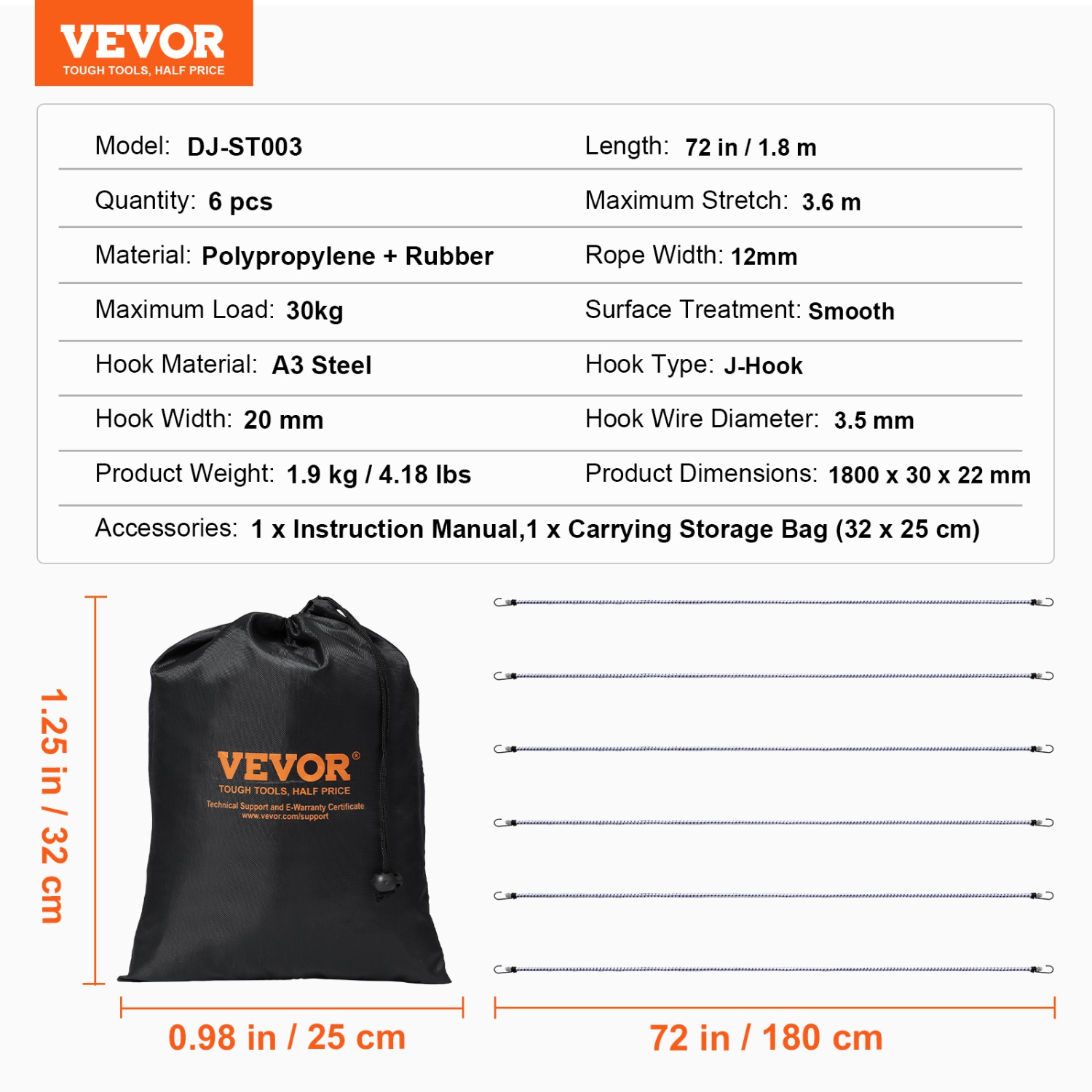 VEVOR 6 Piece Bungee Cords with A3 Steel Hooks, 72 Inch Heavy Duty Bungee Straps, 12 mm Elastic Bungee Ropes Set for Camping, Tarps, Motorcycle,